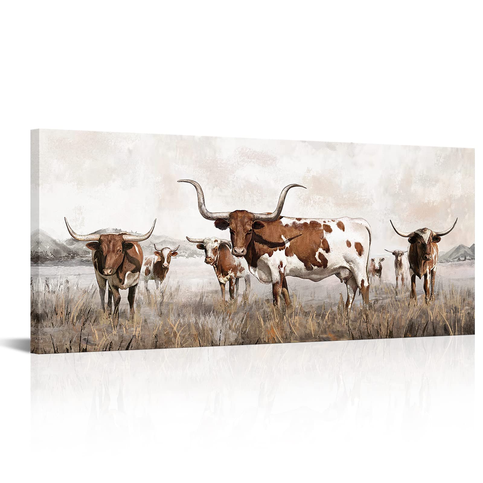 Visual Art Decor Large Longhorn Canvas Wall Art Texas Decor Western Farmhouse Cow Cattle Picture Art Prints for Living Room, Kitchen, Bedroom, Office & Home Decor Gift Ready to Hang (Brown)