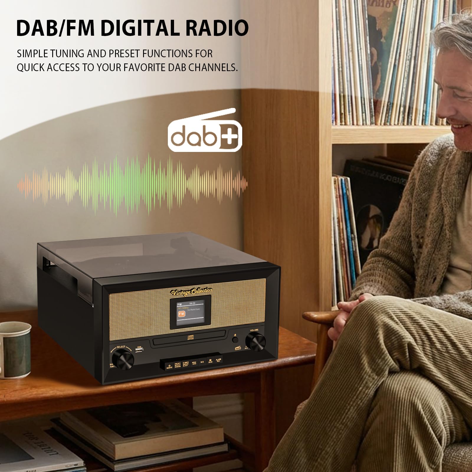 Lettore CD e vinile 9 in 1, giradischi Bluetooth, giradischi a 3 velocità, lettore CD, radio FM e DAB, riproduzione/registrazione USB, ingresso AUX, uscita RCA e jack per cuffie per la decorazione