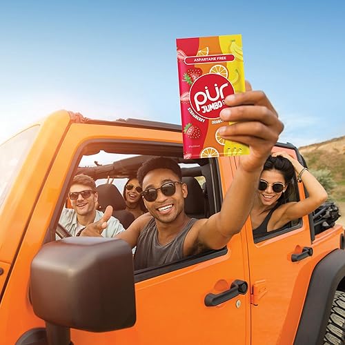 Miniatura 6 de PUR Goma de mascar Jumbo  Goma de mascar sin aspartamo  100% xilitol  Fresa natural, plátano, sabor naranja, 20 piezas (paquete de 1)