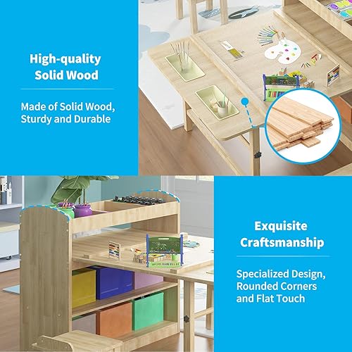Miniatura 4 de Mjkone Mesa de arte para niños y 2 sillas juegos de mesa de dibujo y pintura para niños mesa de manualidades con estantes de almacenamiento de