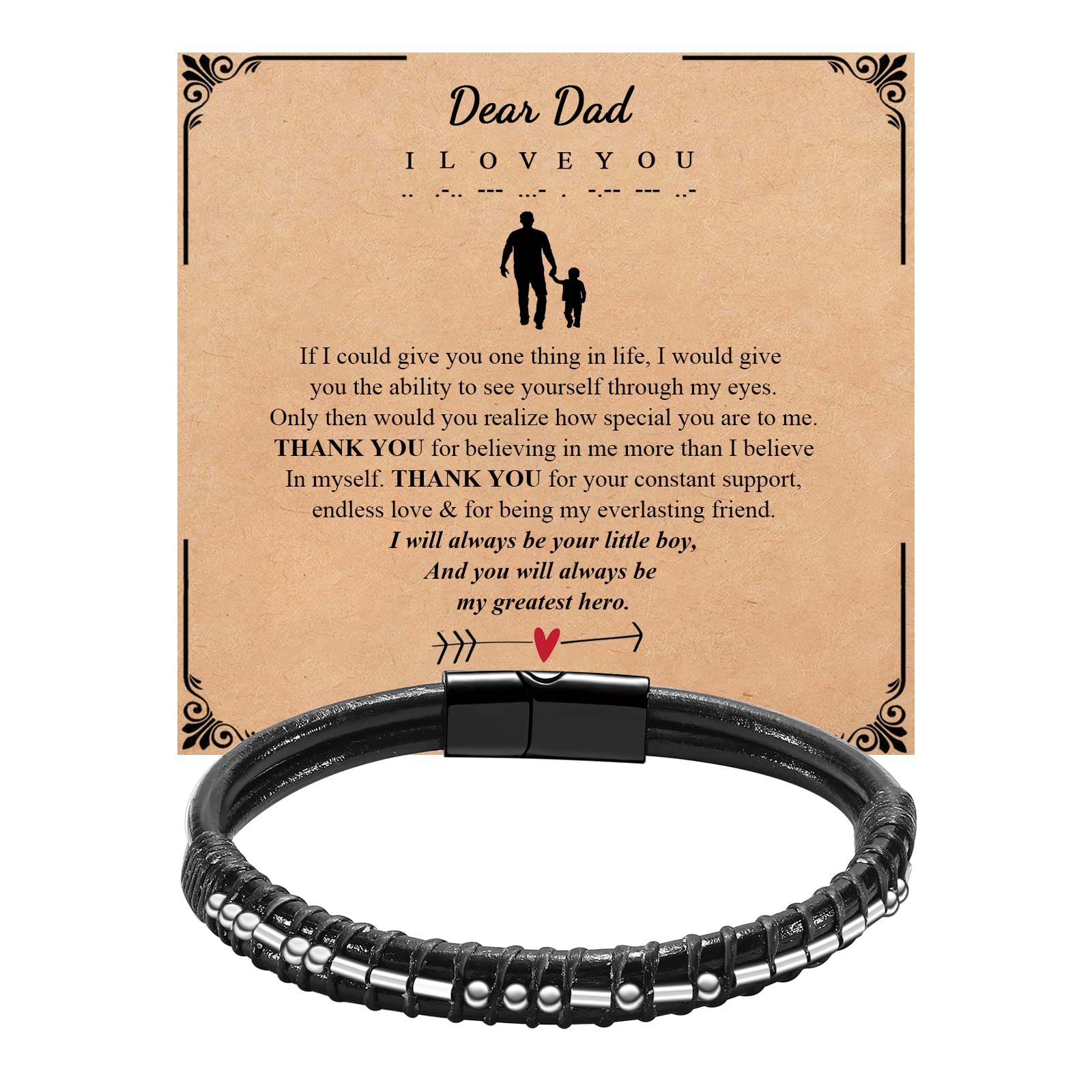 Mens Bracelets Men Morse Code Bracelet Father Dad Husband Son Grandson Brother Boyfriend Father'S Day Birthday Graduation Valentines Day Anniversary Christmas Leather Cuff Bangle I Love You Jewelry Gift for Man Him