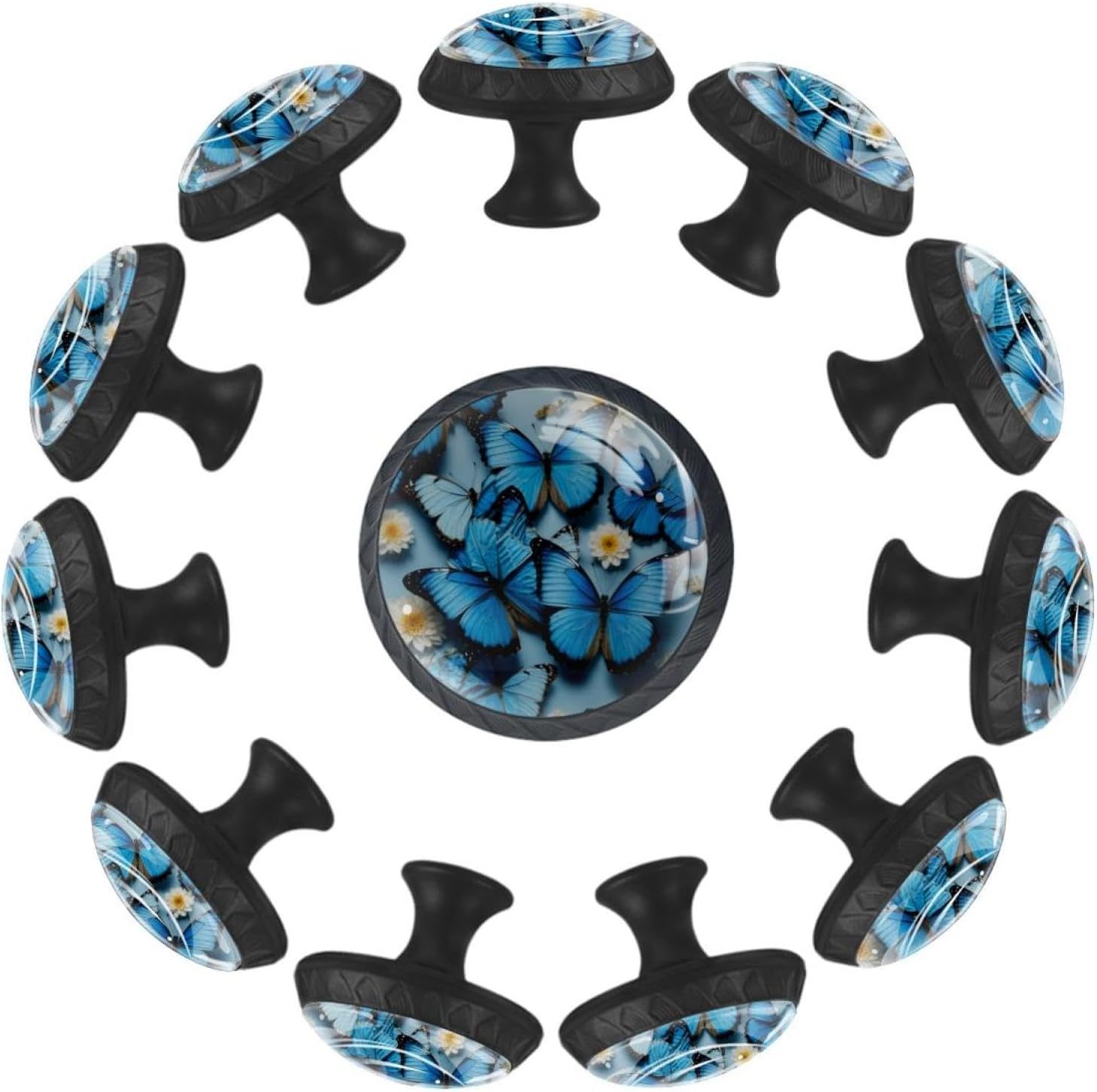 Black Blue Butterfly Pattern (3) Decorative Cabinet Knobs, Crystal Glass Drawer Pulls with Screws for Kitchen Bathroom Dresser Cupboard Wardrobe