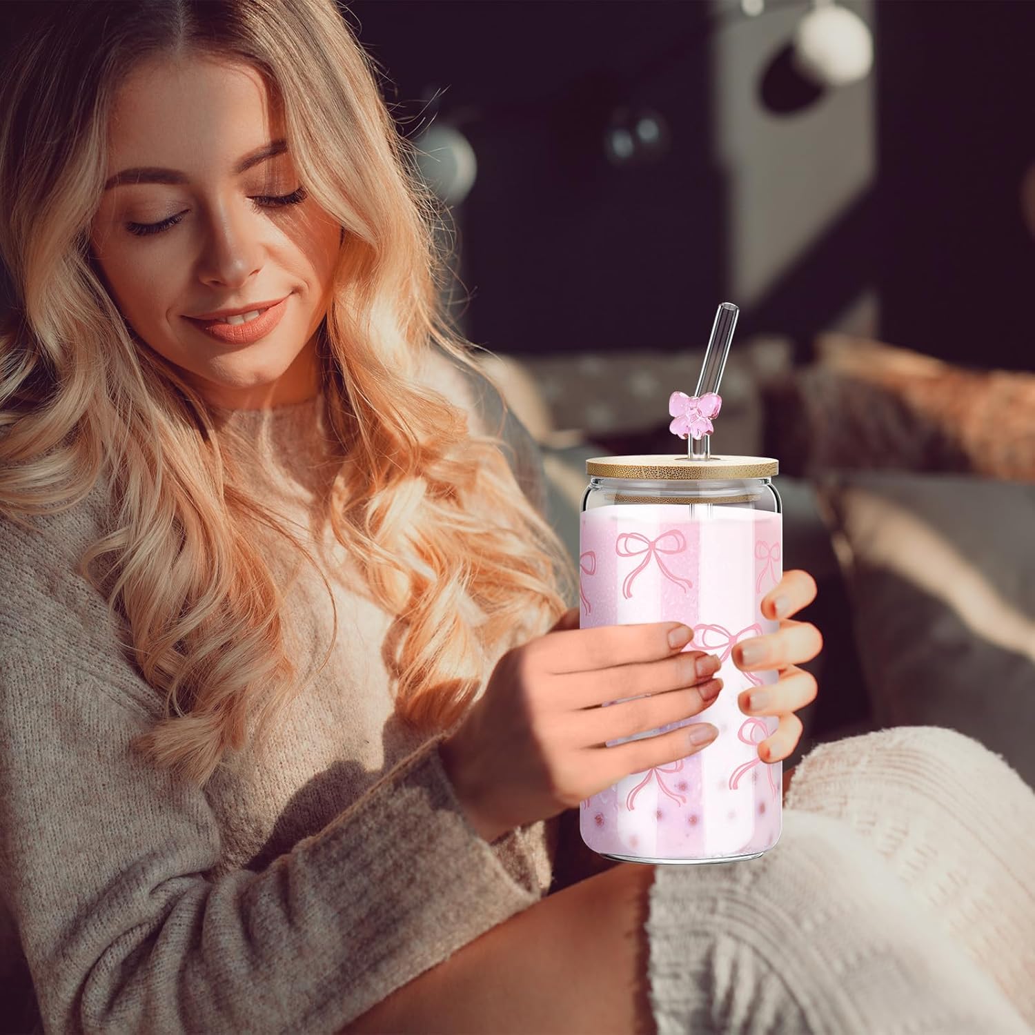 4 Set 16 oz Coquette Bows Glass Cups with Lids and Bows Straws Cleaning Brushes Aesthetic Iced Coffee Cup Reusable Mug for Women Sister Birthday Gift Not Dishwasher Safe(Pink,Bow) - Image 4