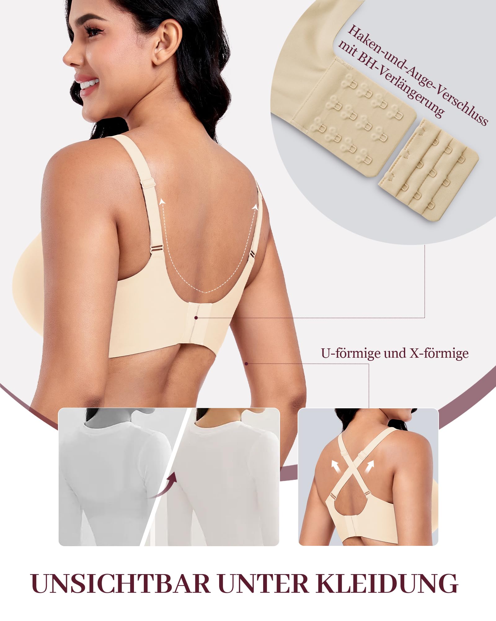 Vinfact Nahtloser BH Damen Ohne Bügel Push up BH Damen Große Brüste Starker Halt V-Ausschnitt Bügelloser Seamless Bequem T Shirt Schlaf BH Gepolstert Bralette