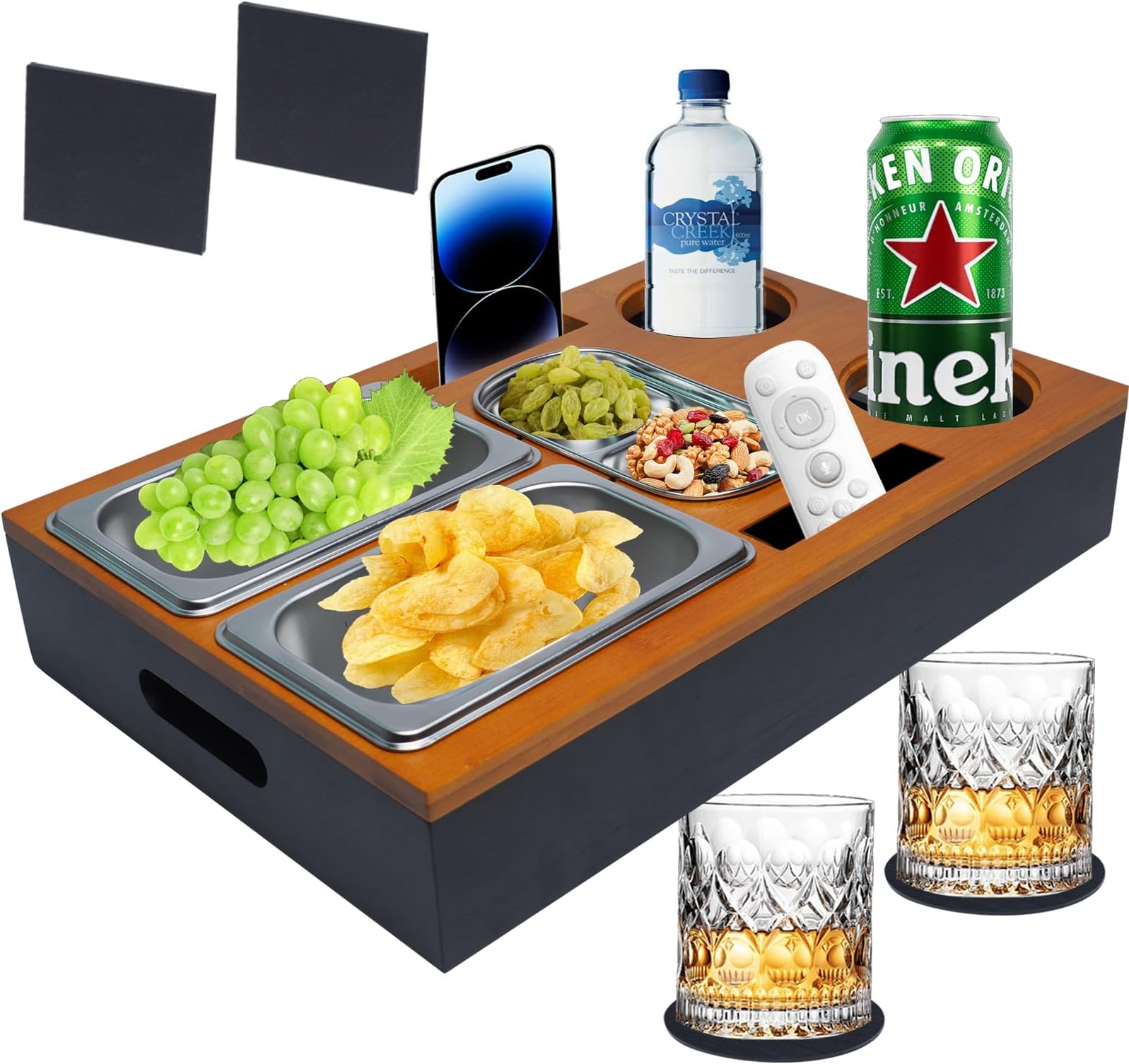 Couchbar Snackbox Aus Bambus - Sofa Tablett Mit Getränkehaltern & Edelstahlschale