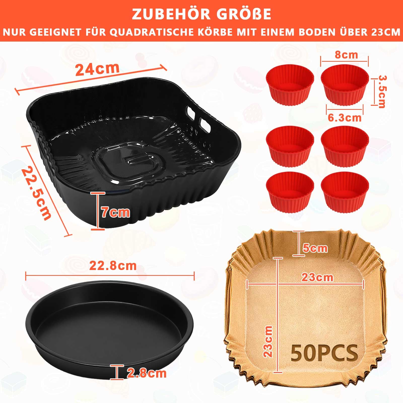YINGRACE Akcesoria do frytkownicy na gorące powietrze, 23 cm, XXL do Russell Hobbs 8 l, mogą być używane w dwóch warstwach, 4 szt. akcesoria Airfryer z patelnią do pizzy, forma do muffinek, papier do