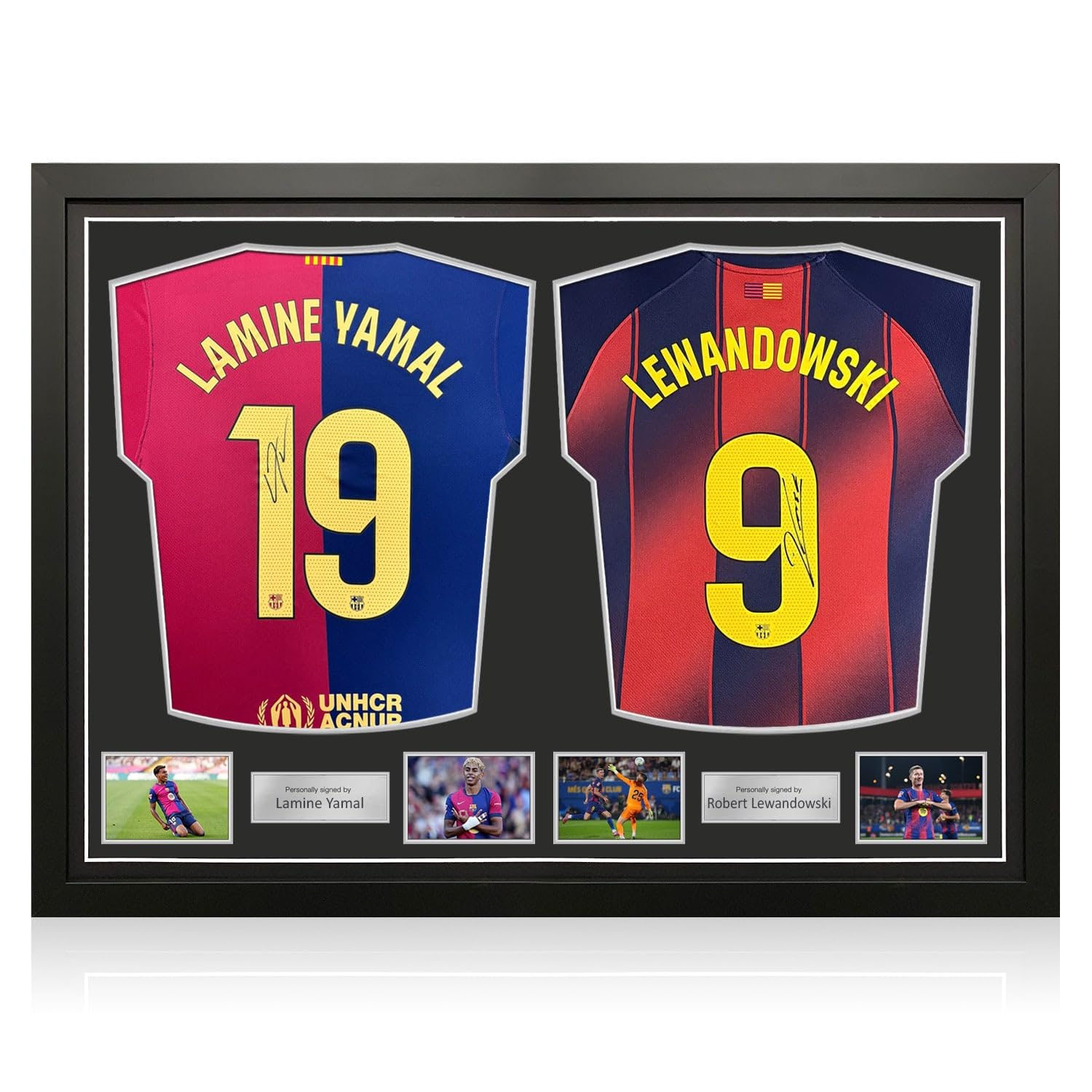 Maglie del Barcellona autografate da Lamine Yamal e Robert Lewandowski. Incorniciate