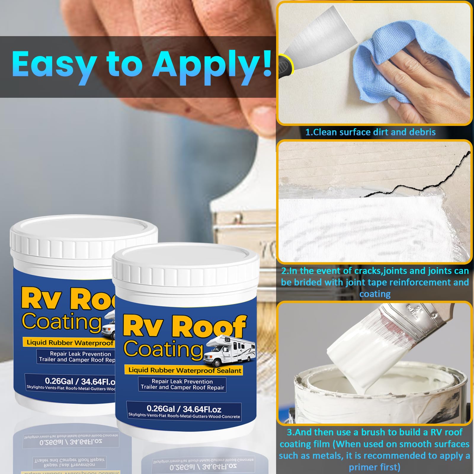 0.52Gal/69.28Fl.oz Blanco Sellador Impermeable Goma Líquida Rv Revestimiento de Techo Camper Reparación de Techo Solar Reflectante Cepillo de Madera Masilla Cuchillo Nitrilo Guantes Rodillo Drywall