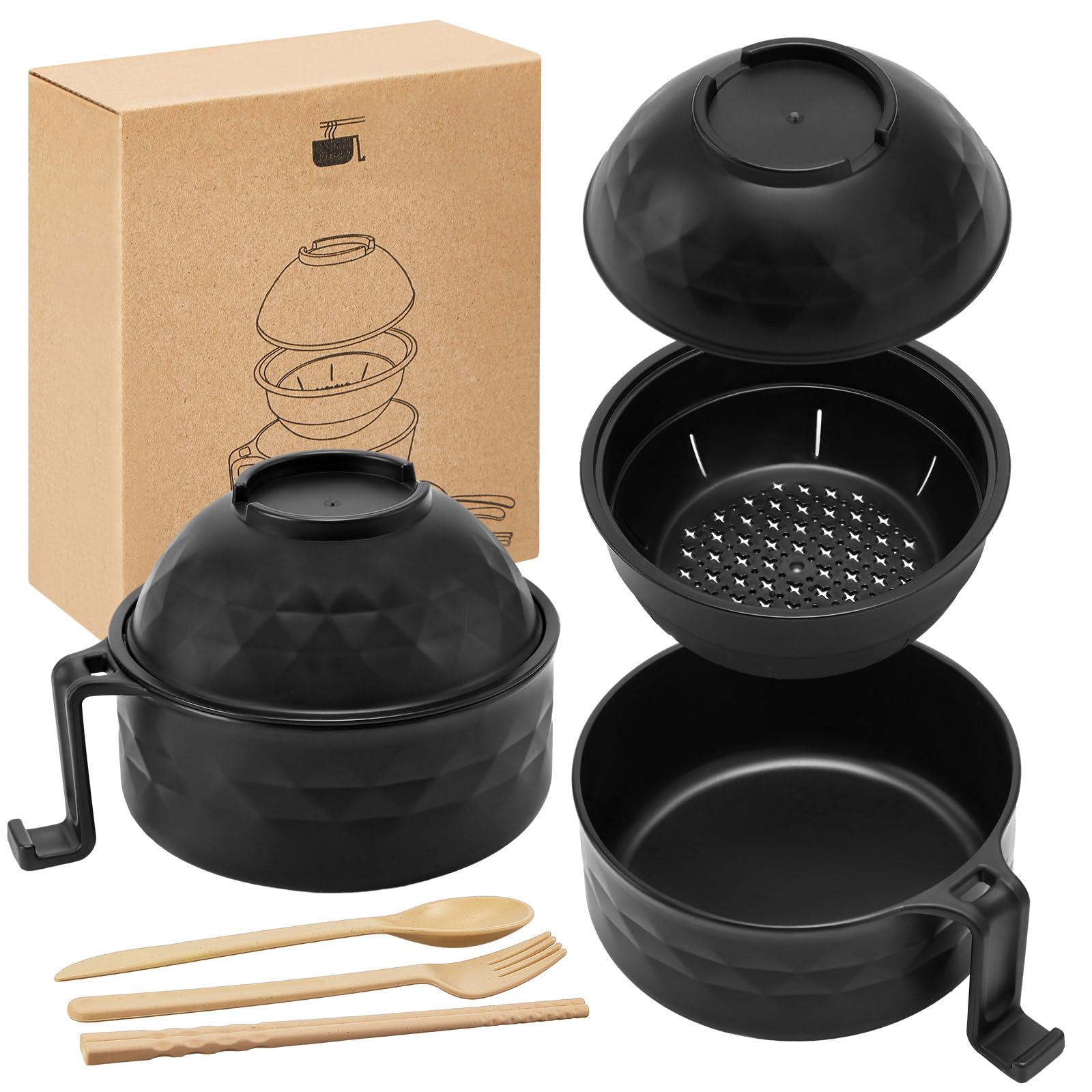 1 Set Microwave Ramen Cooker 33oz Wheat Straw Microwave Noodle Bowl Set with Chopsticks, Spoon, Fork, College Dorm Office Apartment Essentials (Black)