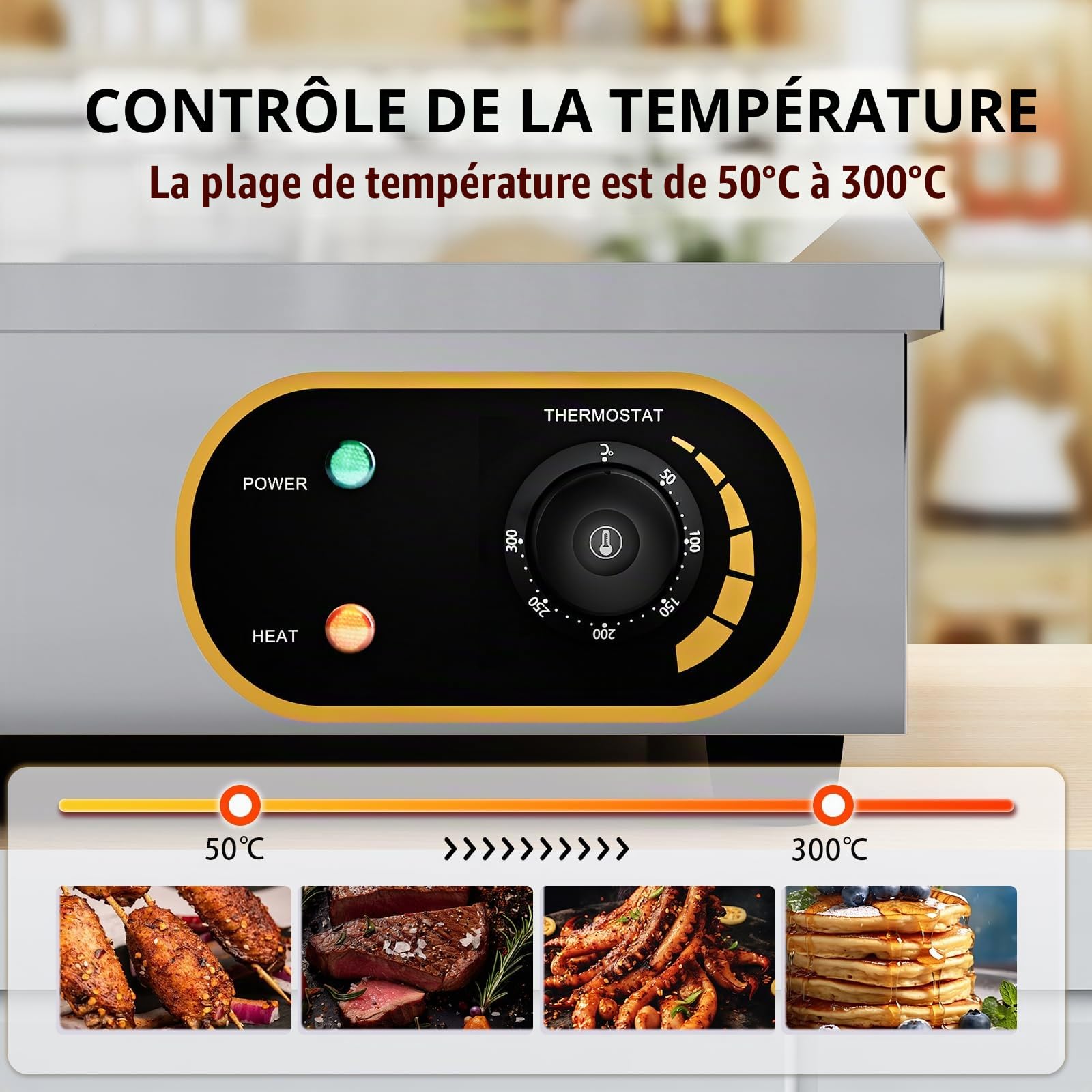 Plancha professionnelle électrique Plaque Inox lisse protection de gril 3000W, protection antiéclaboussures, 50-300 °C, et bac à graisse