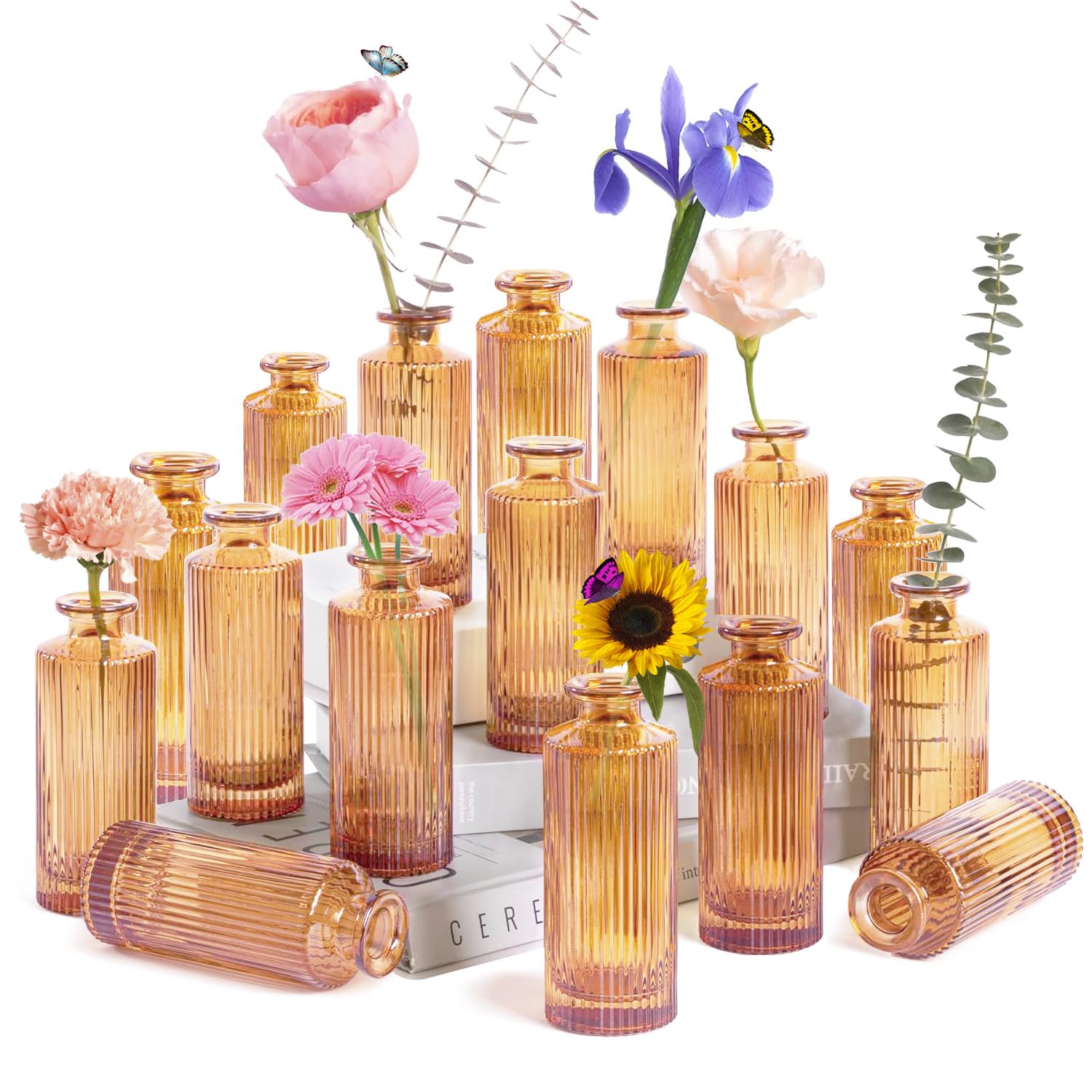 Jarrones pequeños, 16 Juegos de jarrones de Vidrio para la decoración de la Mesa Mini jarrones para familias, Bodas, cumpleaños, Botellas de Vidrio para Fiestas(ámbar Vertical)