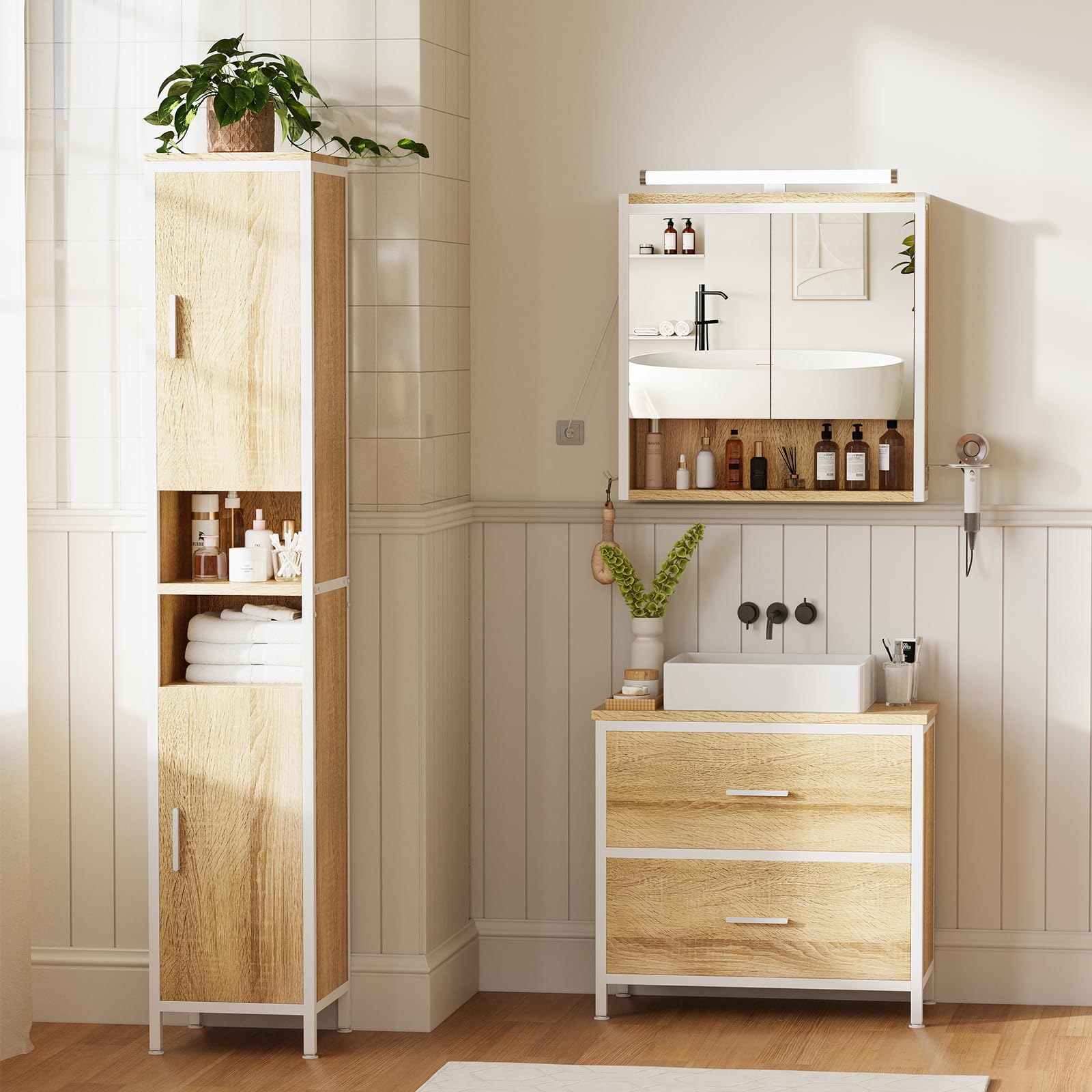 ELUCHANG Badmöbel Set 3,Waschbeckenunterschrank und Spiegelschrank Bad mit Beleuchtung und Hochschrank,Badezimmer Set 60cm,mit Schubladen,Verstellbare Ablage Badezimmermöbel Komplett,Oak+Weiß