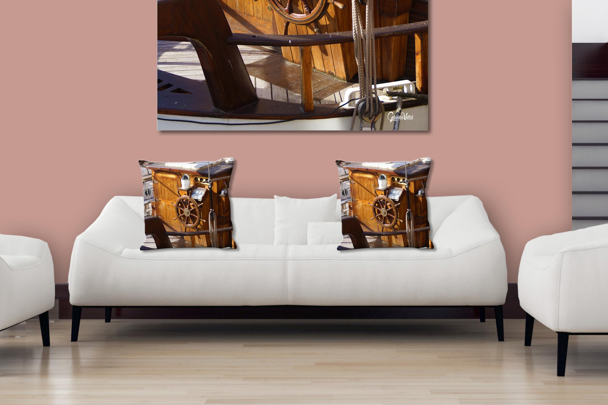 Segel-Schiff 6 - Foto-Kissen-Hülle Set (2 STK.) 40 x 40 cm | Kissen-Bezüge - passend zu Wandbild - Deko-Kissen - Segel-Boot Holz Meer Steuerrad maritim