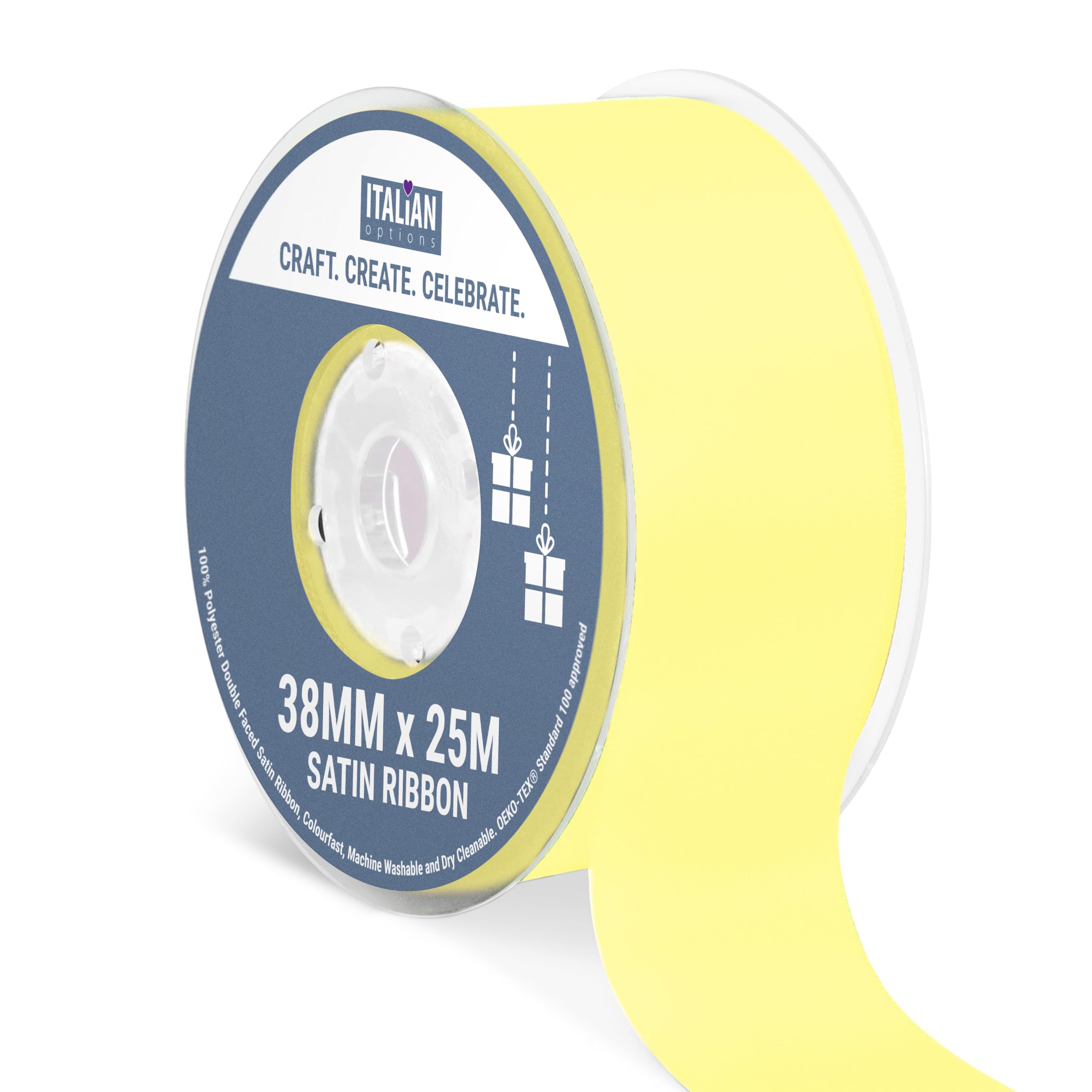 Italian Options Satin Ribbon, Fabric Ribbons for Gift Wrapping, Crafting, Balloons, Wedding Car, Presents, Cake, Christmas, Birthday, Gift Wrap Accessories, 10mm Wide x 25 Metre Roll, Lemon — view 46
