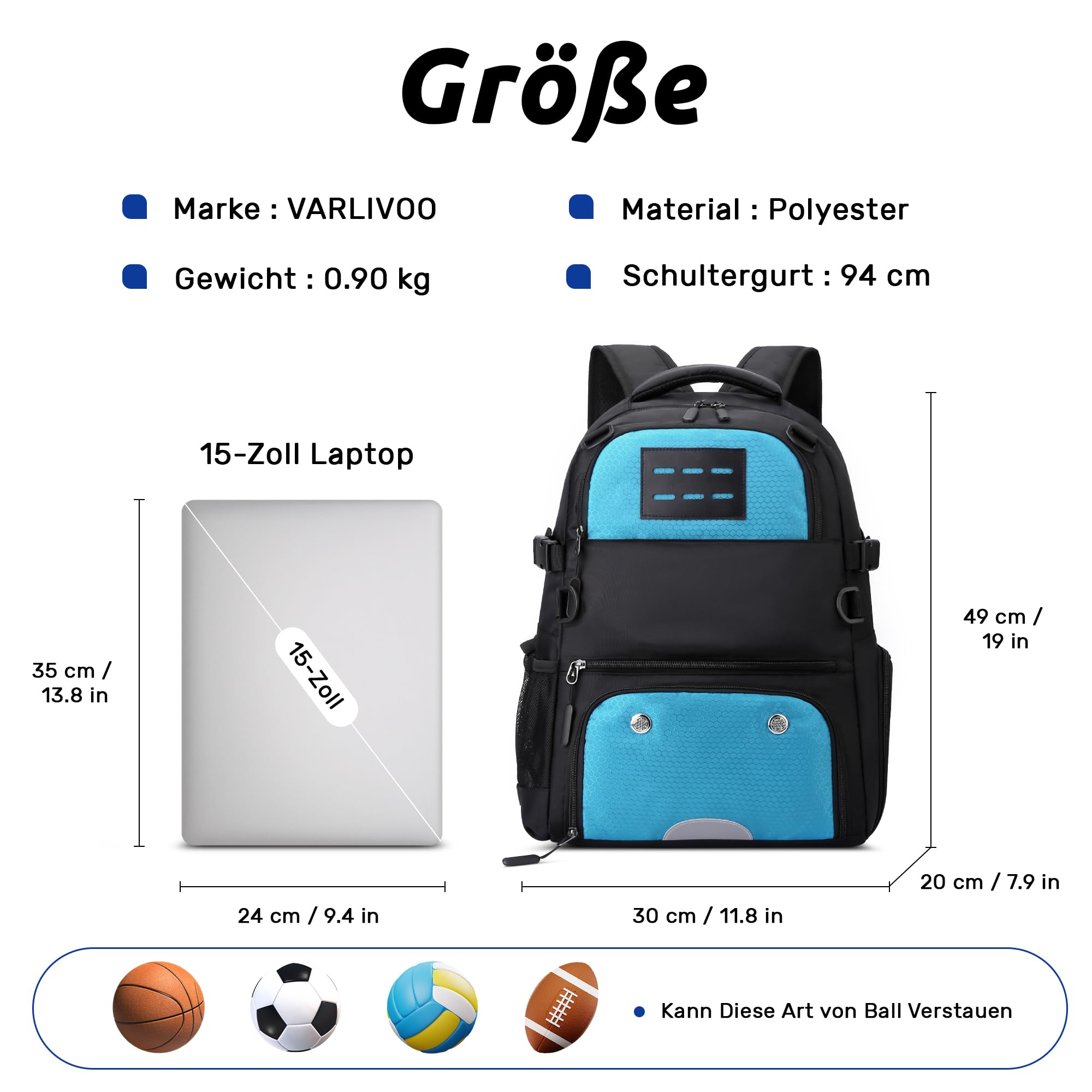 VARLIVOO Basketball Rucksack für Herren Großer Basketball Ball Tasche mit Ballhalter und Schuhfach Wasserdicht Volleyball Fußball Sporttasche Basketballtasche für Reisen Fitnessstudio Blau