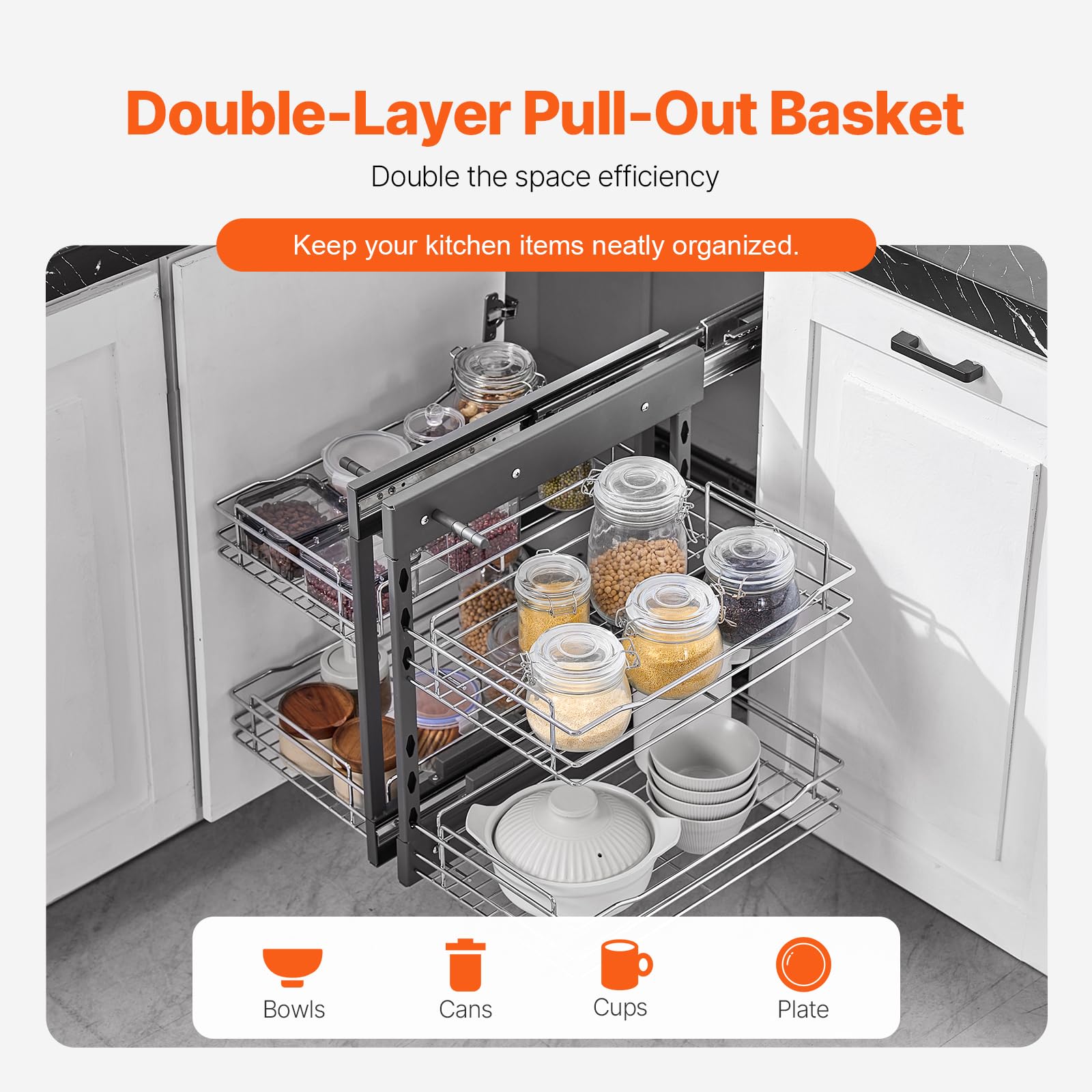 VEVOR Cieco Angolo Estraibile Organizzatore, 2 Ripiani 4 Ripiani Organizer per Mobile da Cucina, Cestino Portaoggetti in Acciaio al Carbonio Cromato con Apertura a Sinistra Destra 420 x 265 x 90 mm