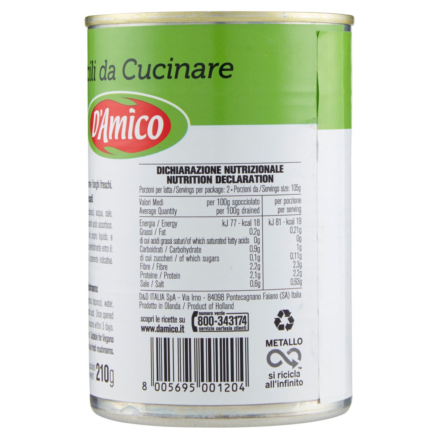 D'Amico - I Facili da Cucinare, Funghi Champignons, tagliati e lessati al naturale - 6 pezzi da 400 g [2400 g]