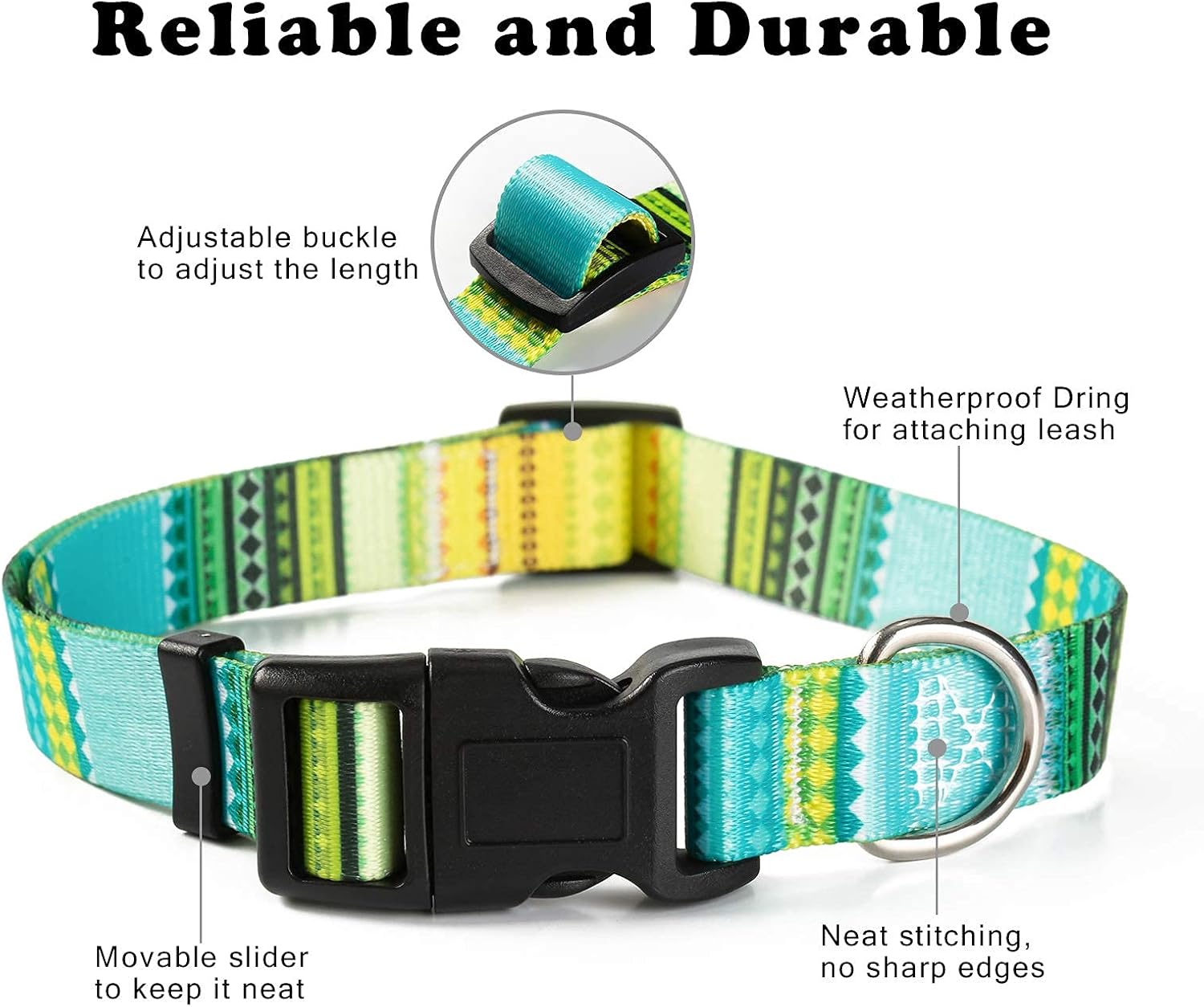 Geometric Pattern Dog Collar, Bohemia Tribal Print for Small Medium Large Dogs, Pretty Boy Girl Nylon Collars with Safety Buckle, Adjustable for Male Female Puppy Pet Outdoor Walking Running