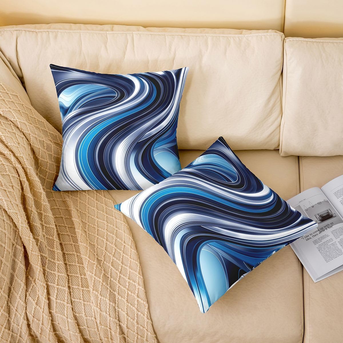 Blue Black Stripe Throw Pillow Covers 22x22 Set of 2 Modern Abstract Swirl Girly Room Decor Cushion Cover Abstract Fluid Art Aesthetic Throw Pillow Case For Bed Sofa Geometric Gradient Art Home Decor image 2