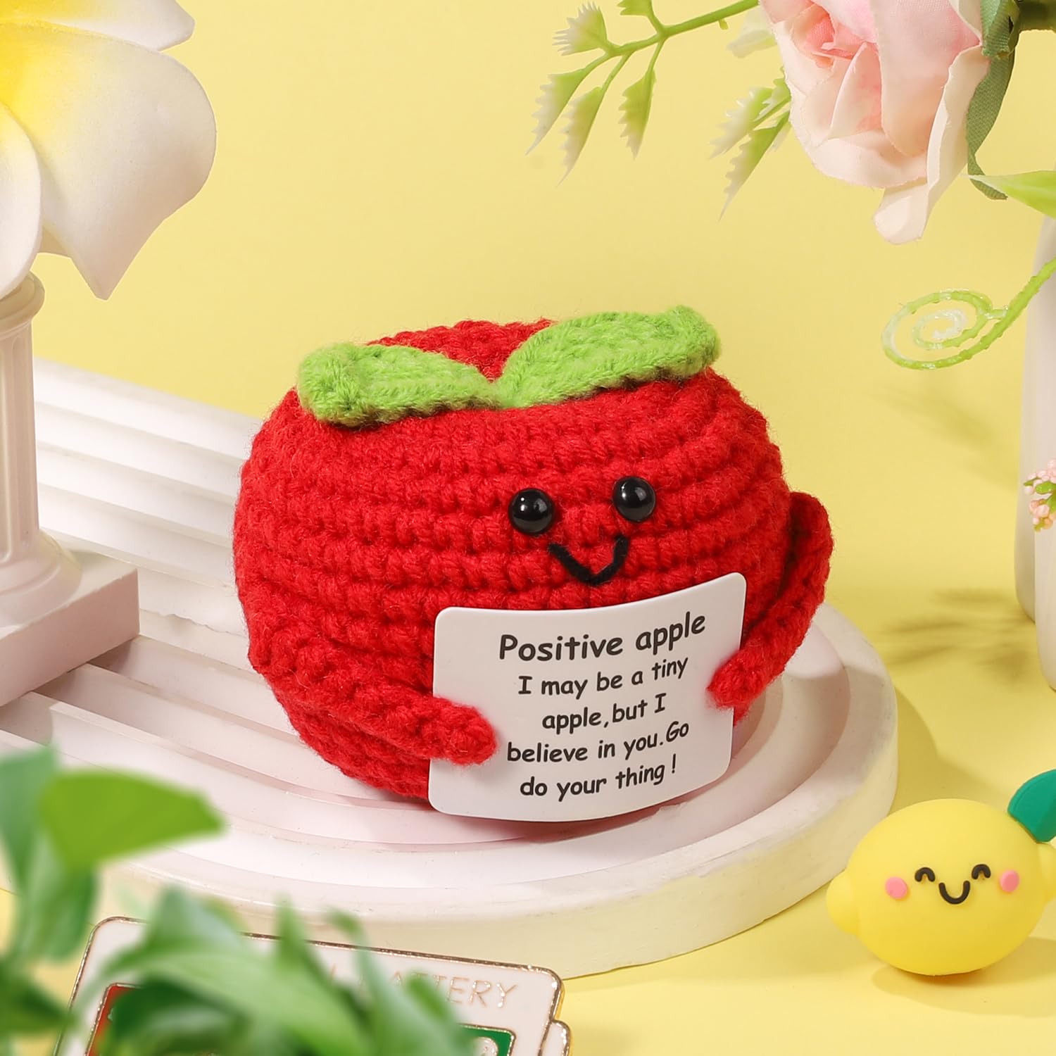 Mini Pomme Positive Tricotée 5,5cm - Jouet Mignon Avec Carte Encouragement - Cadeau Cheer Up