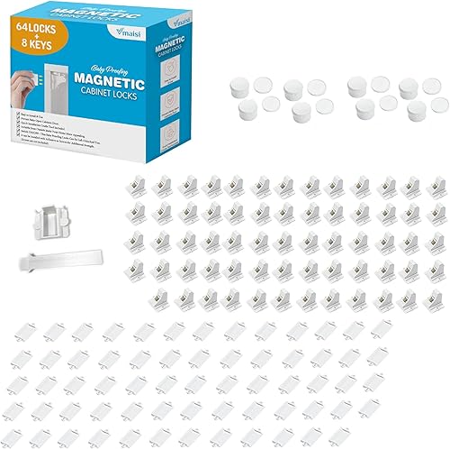 Vmaisi Cerraduras magnéticas adhesivas para armarios y cajones (64 cerraduras y 8 llaves)