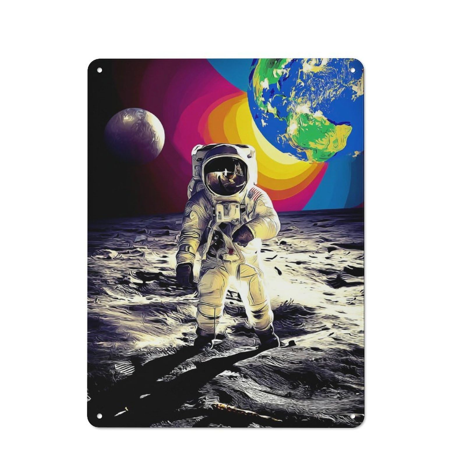 Junmoney Astronaut On The Moon With Earth In Backgroun For Lounge Or Reading Corner, D -2 Vintage Tin Sign 40X30cm, Seasonal Metal Wall Decor For Winter Interiors
