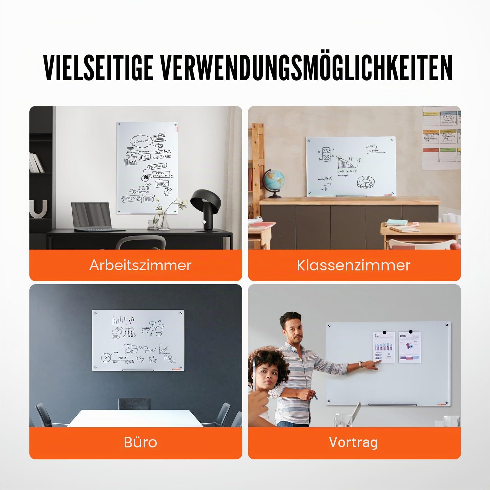 VEVOR Magnetisches Glas-Whiteboard, Wandtafel Trocken Abwischbare Tafel 90 x 60 cm, Wandmontiertes Weißes Glasboard ohne Rahmen, mit Stiftablage, einem Radiergummi& 2 Stiften, Magnettafel Weiß