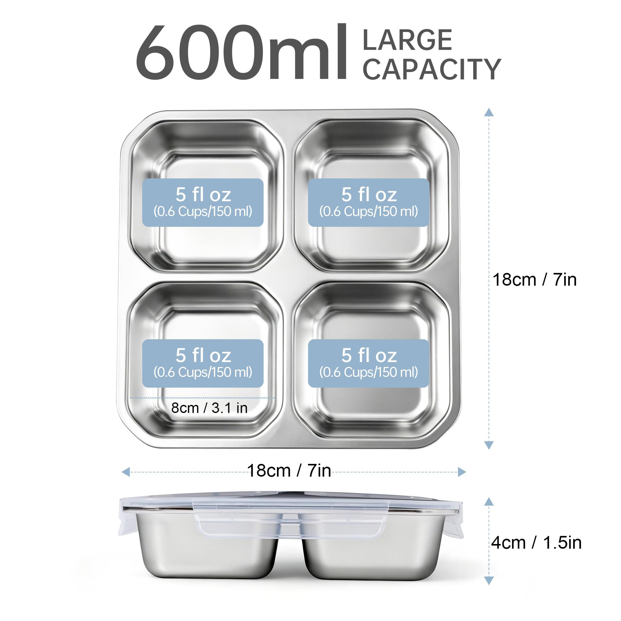 Misichao Pudełko na lunch ze stali nierdzewnej z 4 przegródkami, 600 ml, metalowe pudełko Bento dla dorosłych i dzieci, wielokrotnego użytku, do przygotowywania posiłków, można myć w zmywarce, do