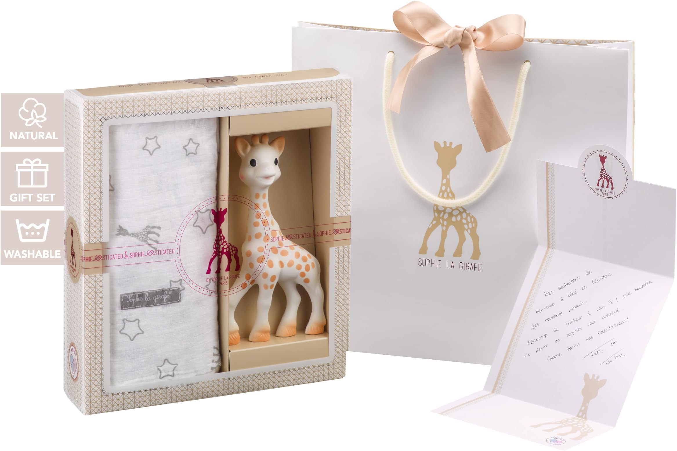 Sophie la girafe Sophiesticated Original Teether with Cotton Blanket Swaddle Gift Set, 100% Natural Rubber Baby Teething Toy, Baby Gift Box Set with Gift Bag and Card