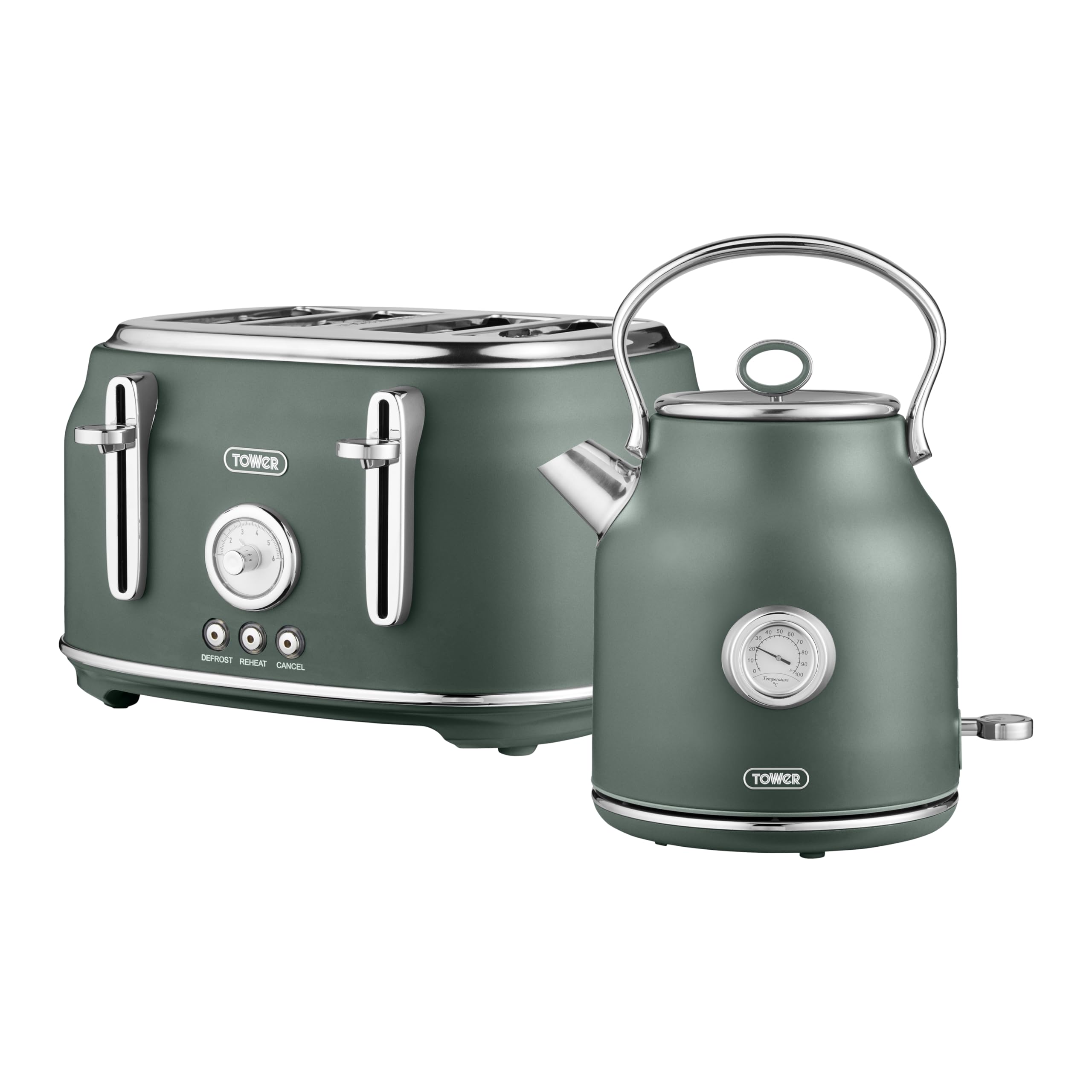Tower Renaissance Kitchen Set, 1.7L Quiet Boil Kettle & 4 Slice Toaster, Forest Green, T10063FOR, T20065FOR