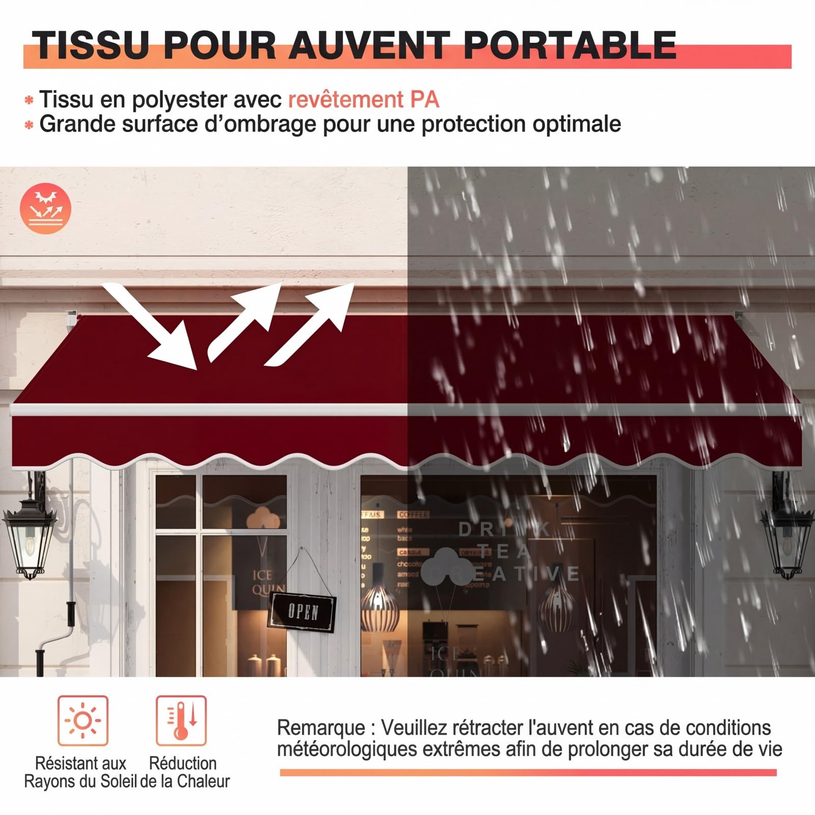 RELAX4LIFE Store Banne Manuel Rétractable avec Manivelle, Auvent Balcon en Polyester Anti-UV, Cadre en Alu, Inclinaison 40°-100°, Store Banne pour Porte, Fenêtre, Terrasse (Bordeaux,295 x 250 CM)