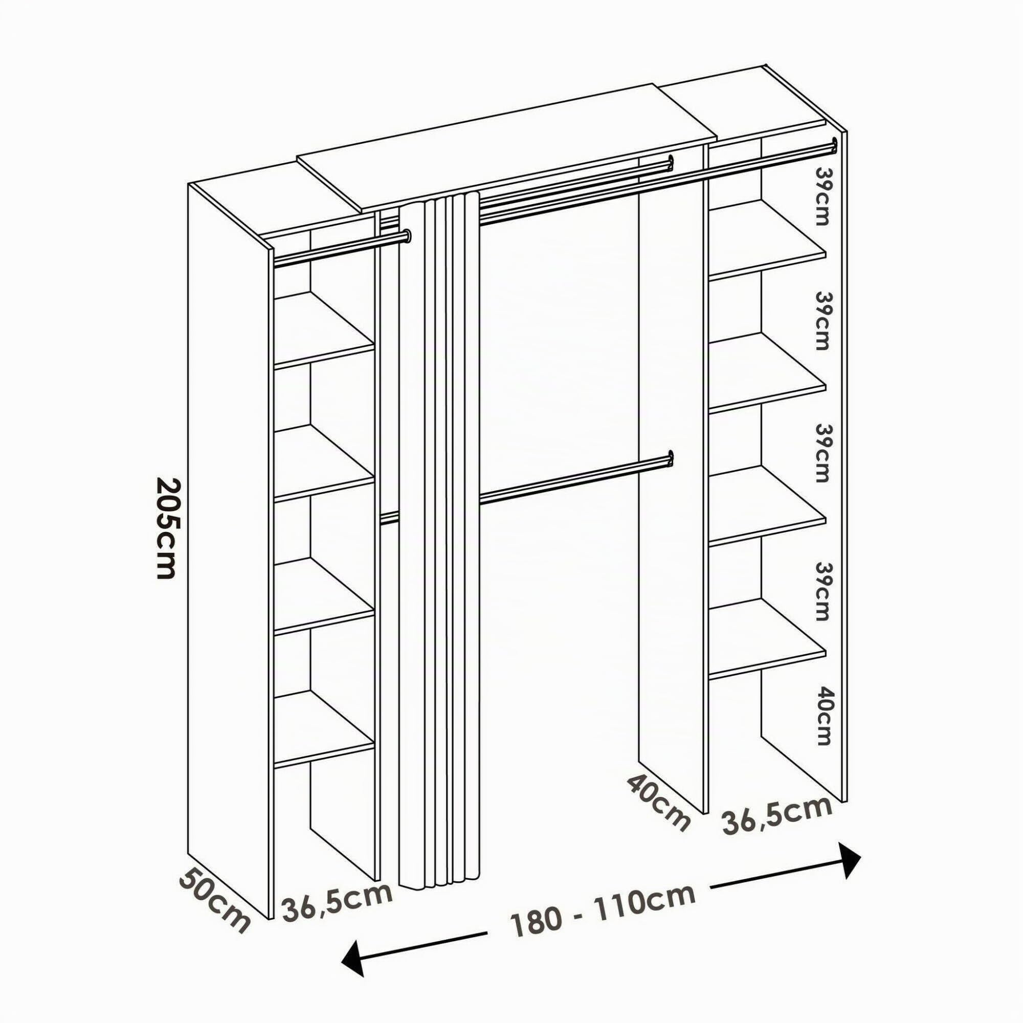 Dmora Guardaroba Grande Manaslu 50x205h cm Bianco 8 Ripiani Appendiabiti, Armadio Camera da Letto Apertura Tenda