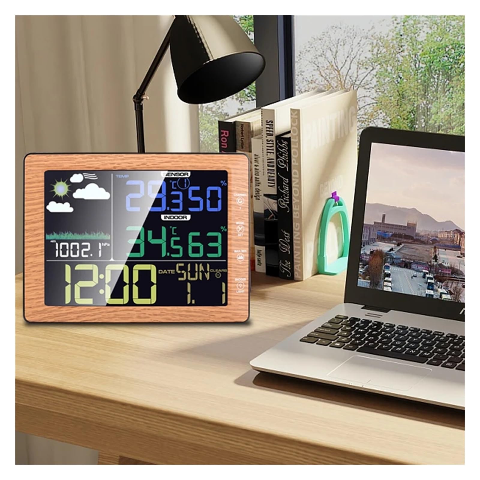 Wireless Color Screen Weather Station Clock Indoor Outdoor Temperature Humidity Meter Forecast Sound Control -40-60C(Wooden)
