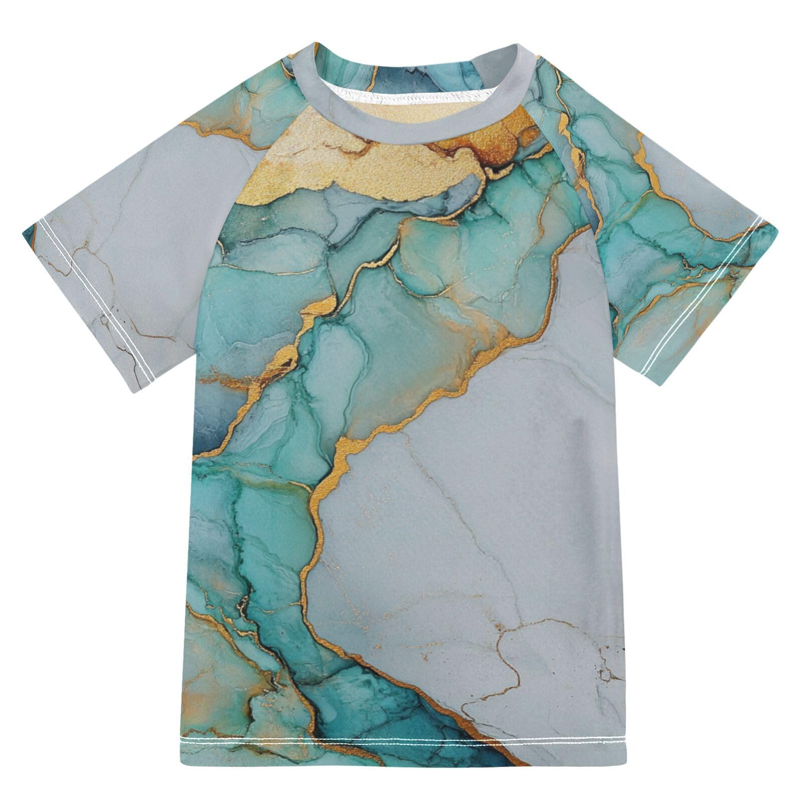 KLL Boy Bathing Suit Short Sleeve Rash Guard Girls 11T Marble White Turquoise