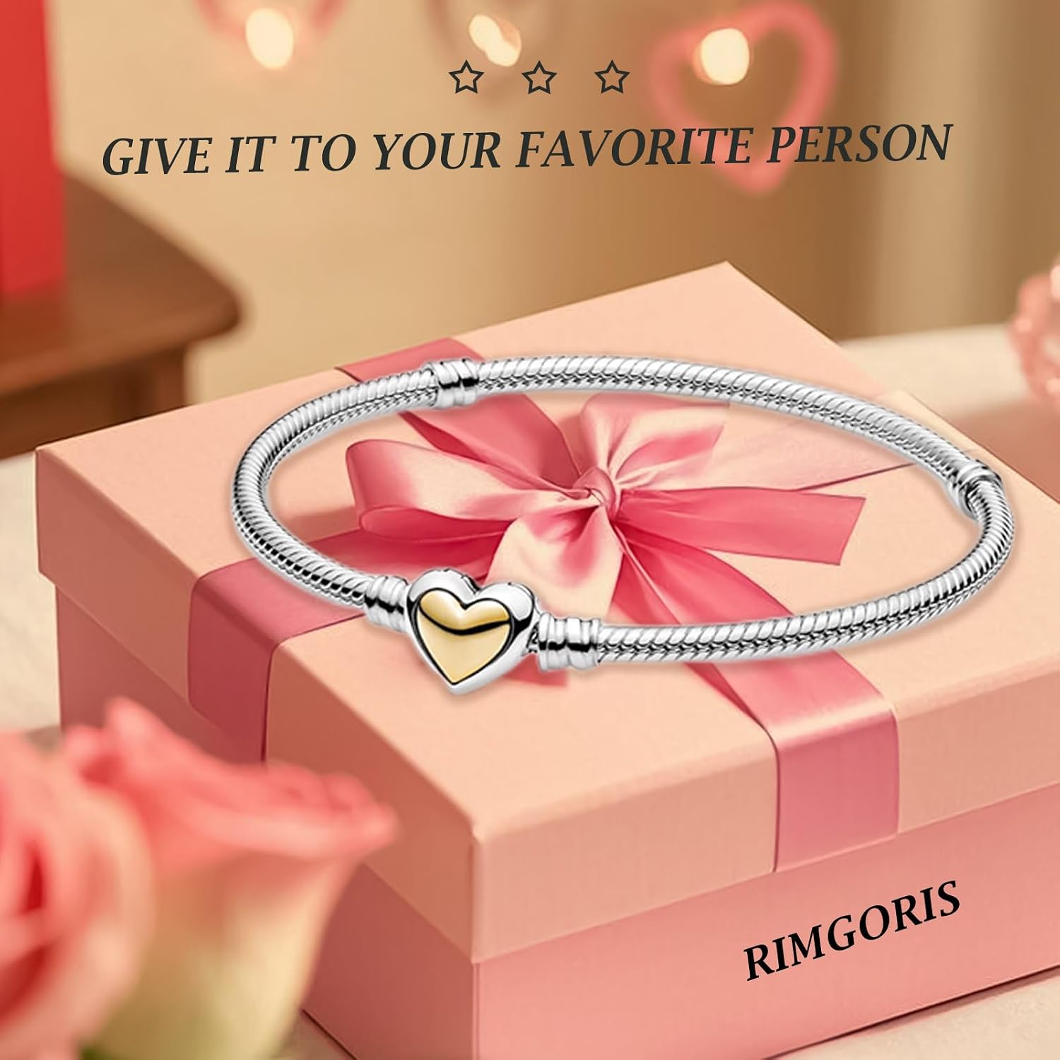 925 Snake Chain Sterling Silver Golden Heart Moments Silver Wire Woven Bracelet Compatible with Women's Bangle Charm & Pendants