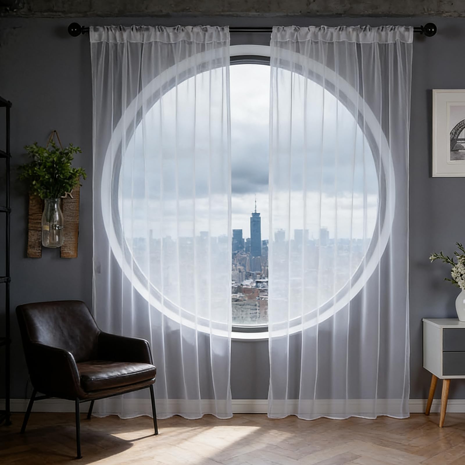 Ösenschal Transparent 255 x 180 cm mit Kräuselband, Halbtransparent, Lichtdurchlässig, mit Ösen in Leinenoptik, Luftig Und Langlebig, Vorhang Transparent Gardienen für Jedes Fenster, Weiß