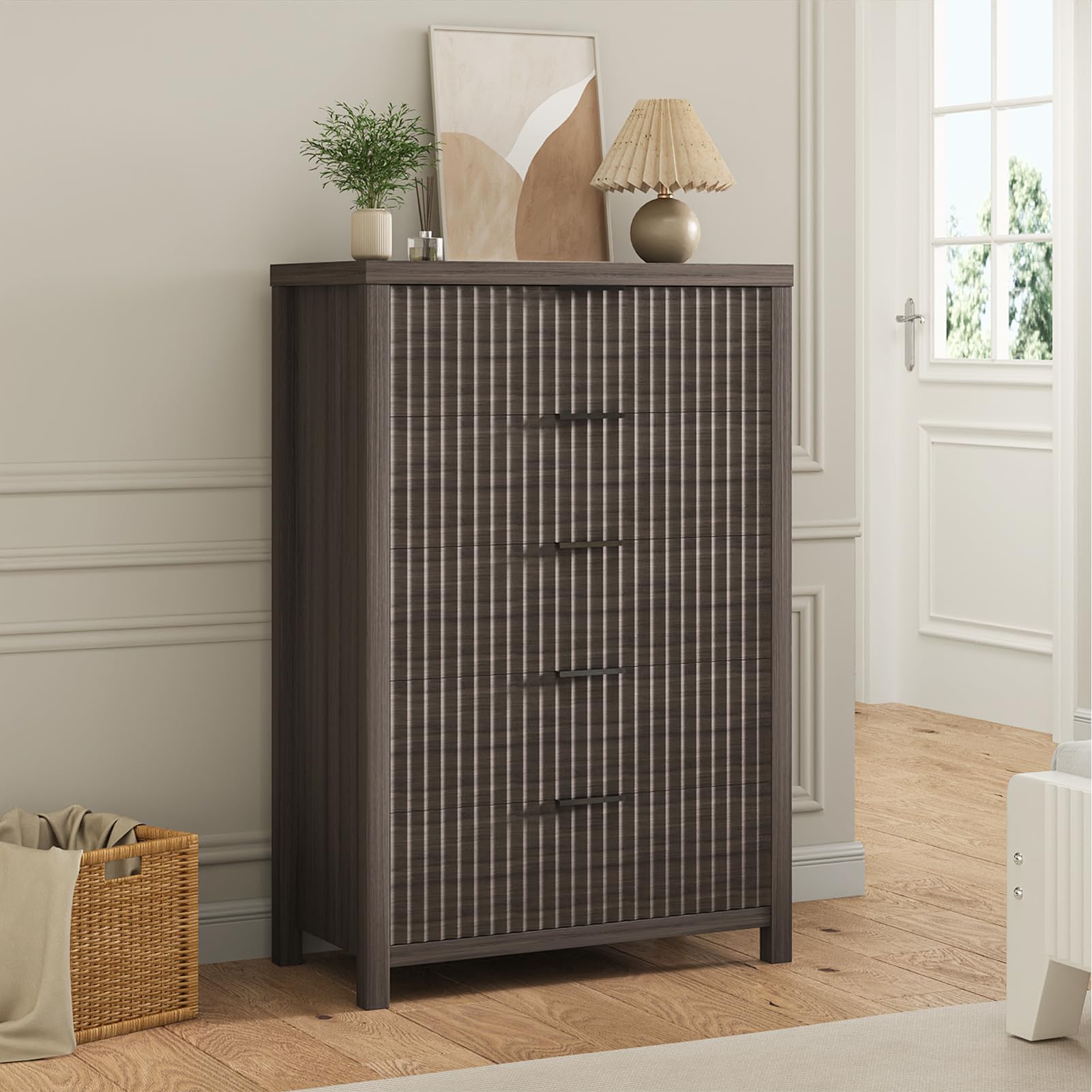 Jocoevol Dresser for Bedroom with 5 Drawers, Wide Chest of Drawers with Thick Plank Styling, Modern Bedroom Dresser Store Organizer for Living Room, Hallway (Grey)