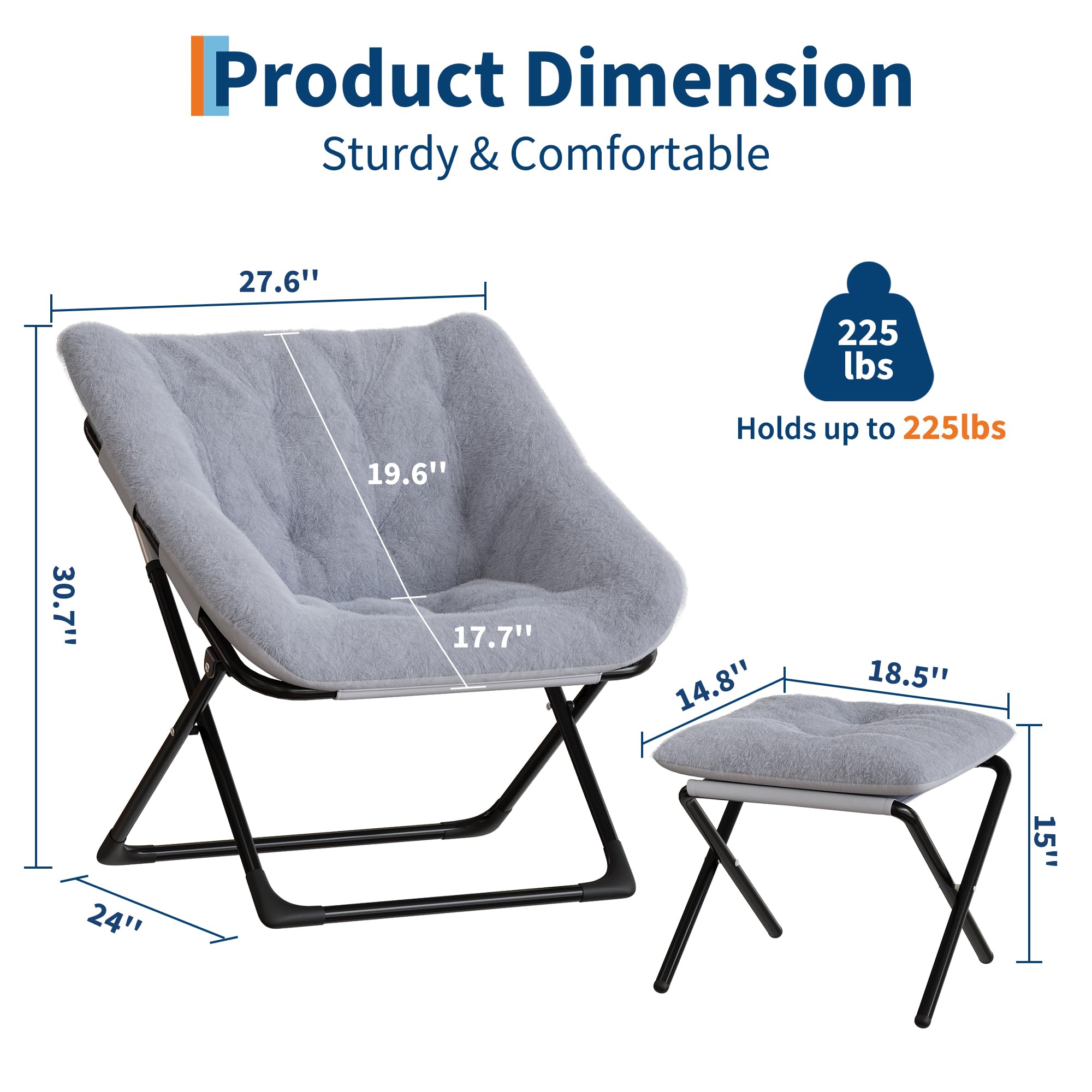 Garvee Klappstuhl mit Fußhocker, bequemer Relaxsessel | Klappbarer Relaxsessel mit Fußhocker, weicher Polsterung, stabilem Design und leichter Konstruktion in Grau