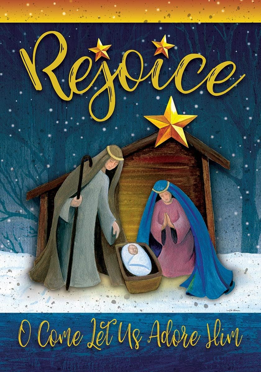 CUSTOM DECOR, INC. Rejoice Manger - O Come Let Us Adore Him - Standard Size, Decorative Double Sided, Licensed and Copyrighted Flag - Printed in The USA 28 Inch X 40 Inch Approx. Size