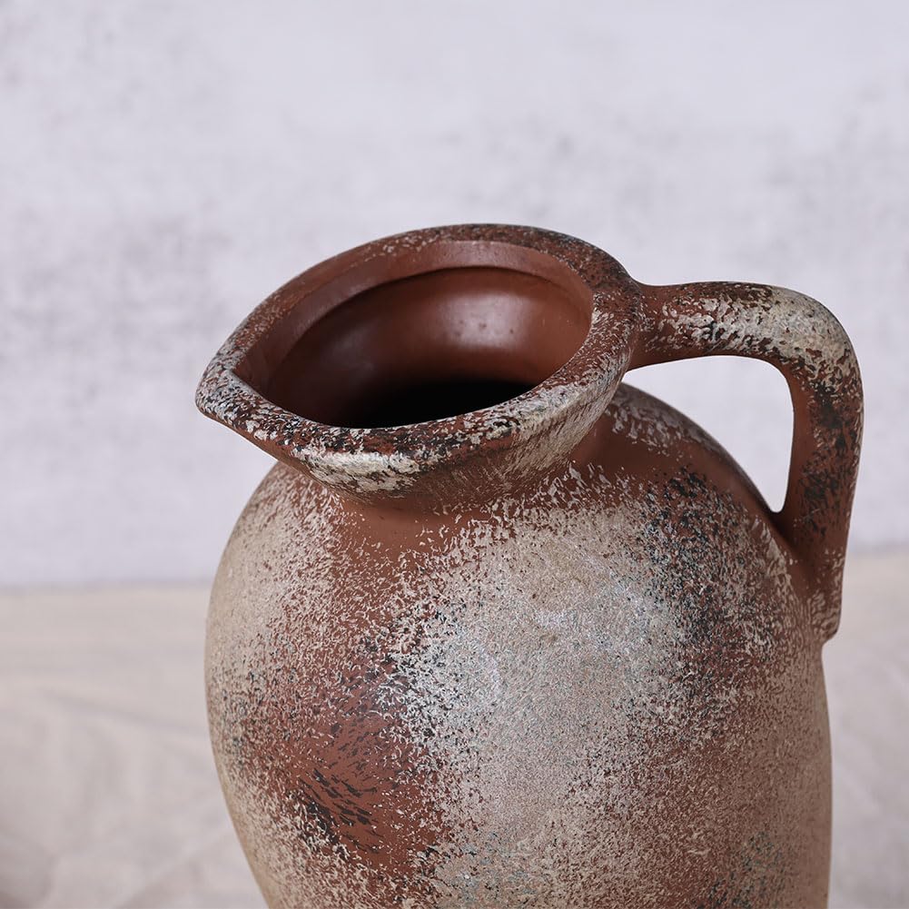 Jarrón de cerámica antigua de 9.3 pulgadas con asa, jarrón de terracota, jarrones de granja, decoración del hogar, estante de libros, sala de estar, entrada, boda, mesa central, diseño de jarrón de