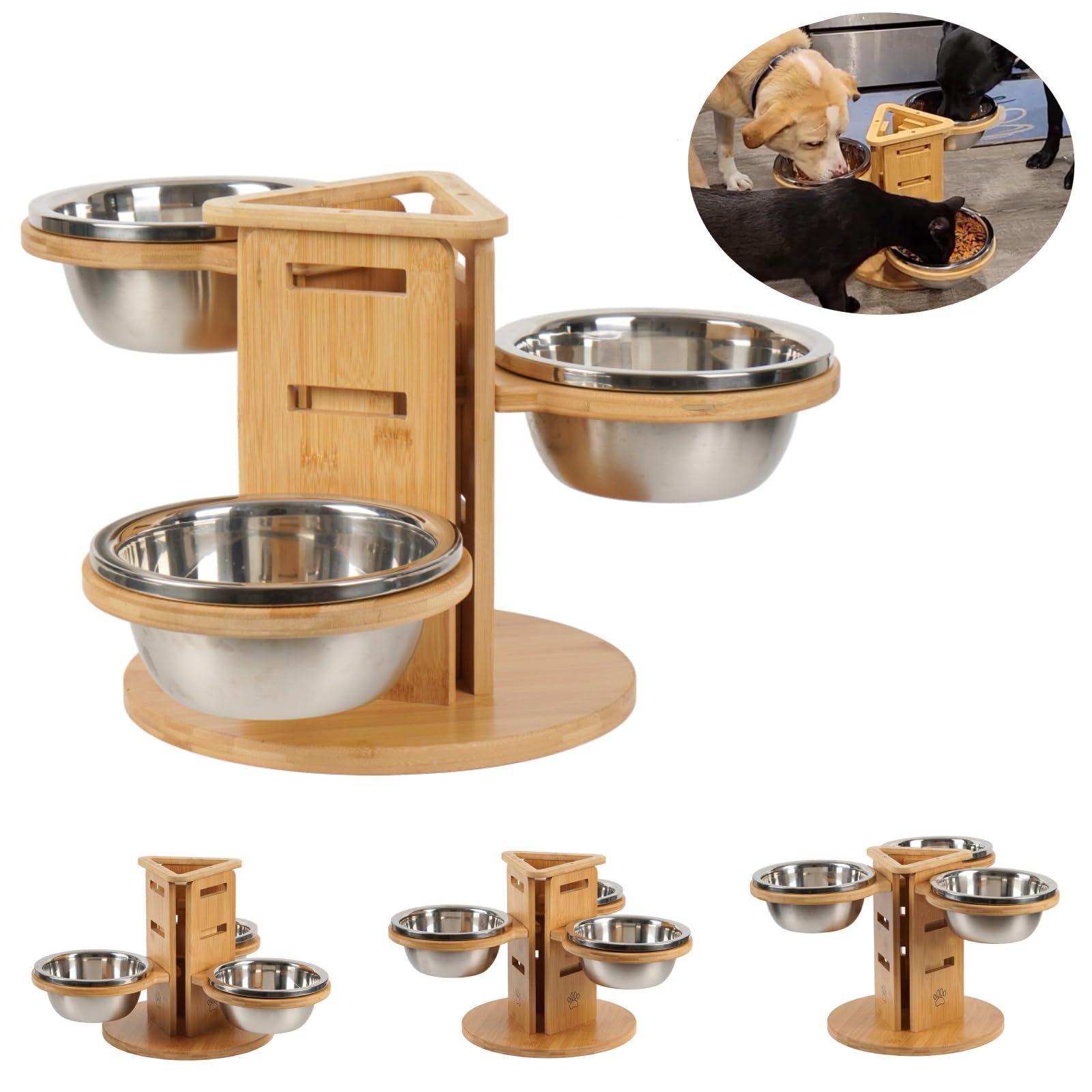 JAZUIHA Cuenco Elevado para Perros, 3 Cuencos de Acero Inoxidable, 1400 ml, Altura Ajustable, comedero para Perros de tamaño Mediano y Grande