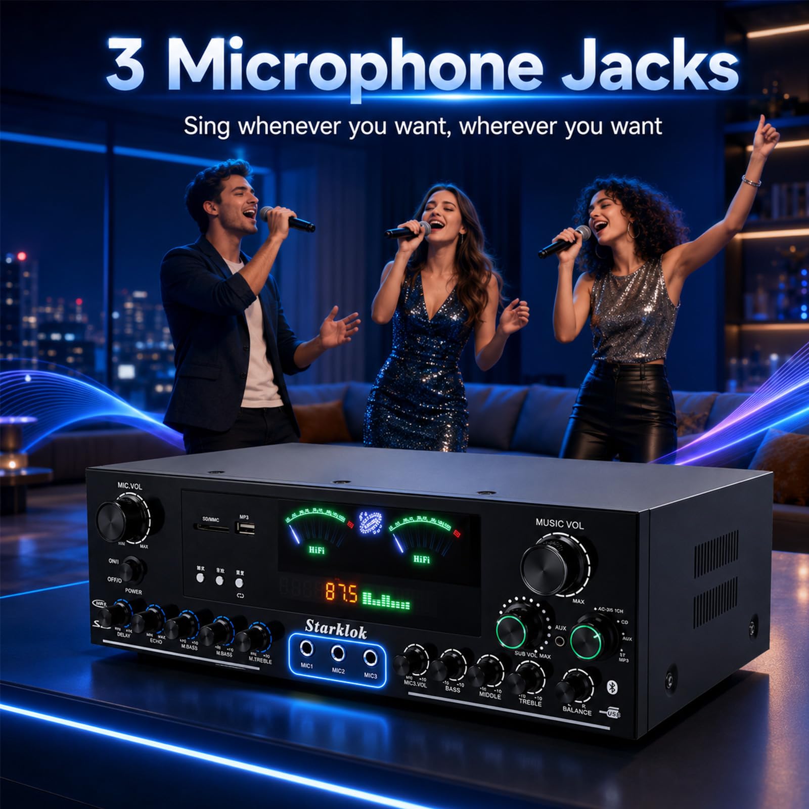 Amplificatore stereo HiFi da 3000 W, amplificatore stereo 5.1 canali, 3 ingressi microfono, Bluetooth 5.0, USB/FM/SD LED, controllo app, RCA, fibra ottica/ingresso coassiale per karaoke