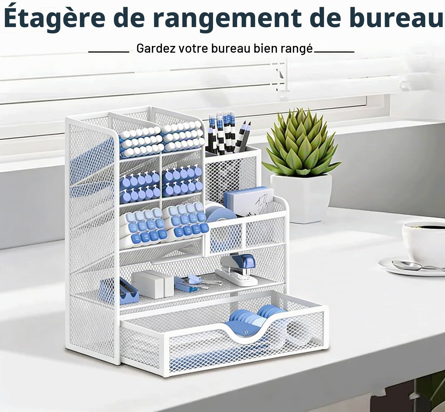 Porte-stylos en maille avec tiroir, porte-crayons multifonctionnel pour le bureau, organiseurs de bureau et accessoires pour le bureau et l'école (S-Blanc)