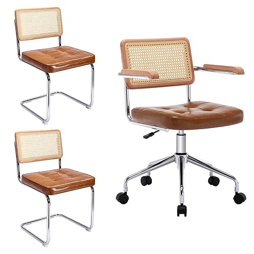 Rattan Desk Chair Vintage Swivel Chair with Cane Back, Upholstered