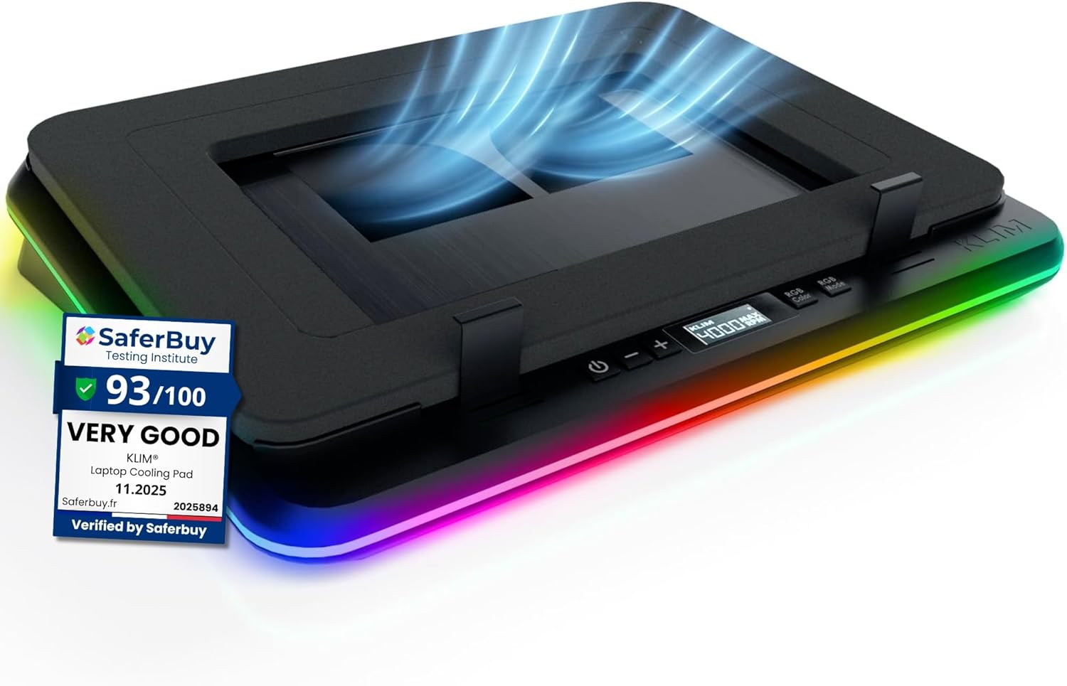 KLIM Turbofrost Gaming Laptop Cooling Pad: 4x 4000 RPM Turbo Fans, RGB Lights, Quiet Foam, USB-C/DC Power, Fits 17" Laptops - Black