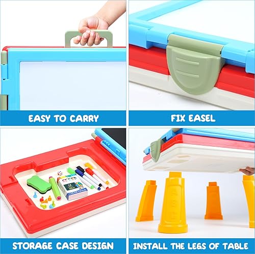 Miniatura 5 de Caballete de arte para niños, caballete de mesa plegable de doble cara con pizarra y pizarra blanca, accesorios de pintura incluidos, regalo