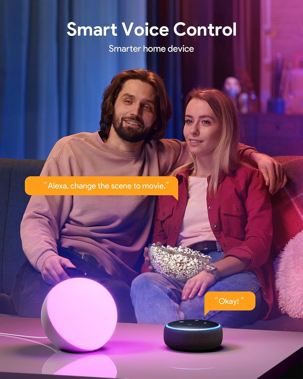 A person using the Smart Life app on a smartphone to customize mood lighting, showing options for scene name, color, flash mode, and speed.