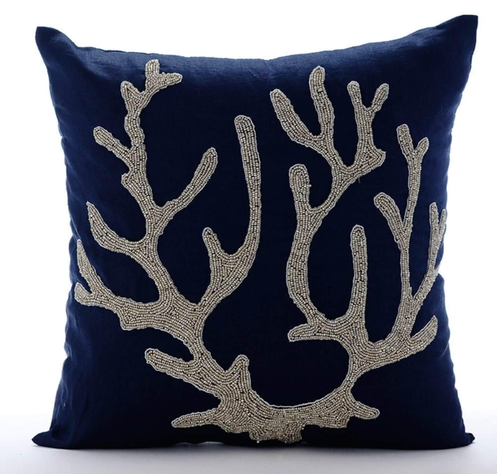 The HomeCentric Navy Blue Cushion Sham, Beaded Corals Ocean & Beach Pack of 2, 60x60 cm (24"x24") Cushion Sham, Cotton Linen Cushion Sham, Mediterranean Cushion Sham, Floral - Sea Weed At The Shore โ image 1
