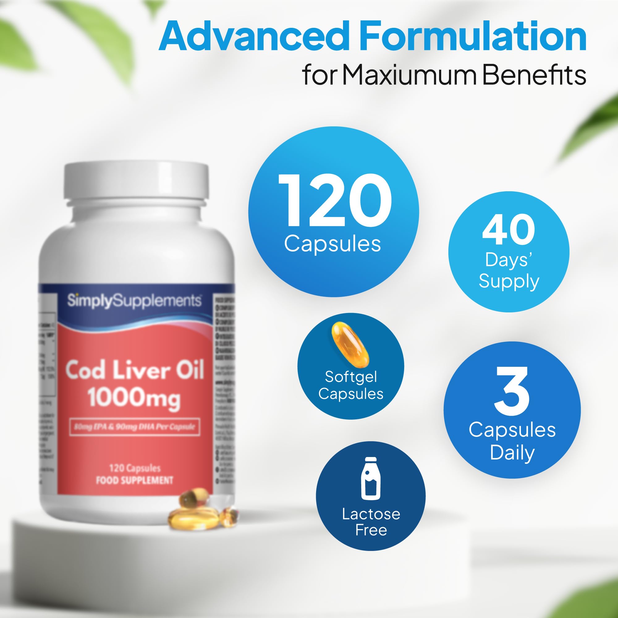Olio di fegato di merluzzo 1000 mg - 120 capsule - 4 mesi di durata - SimplySupplements
