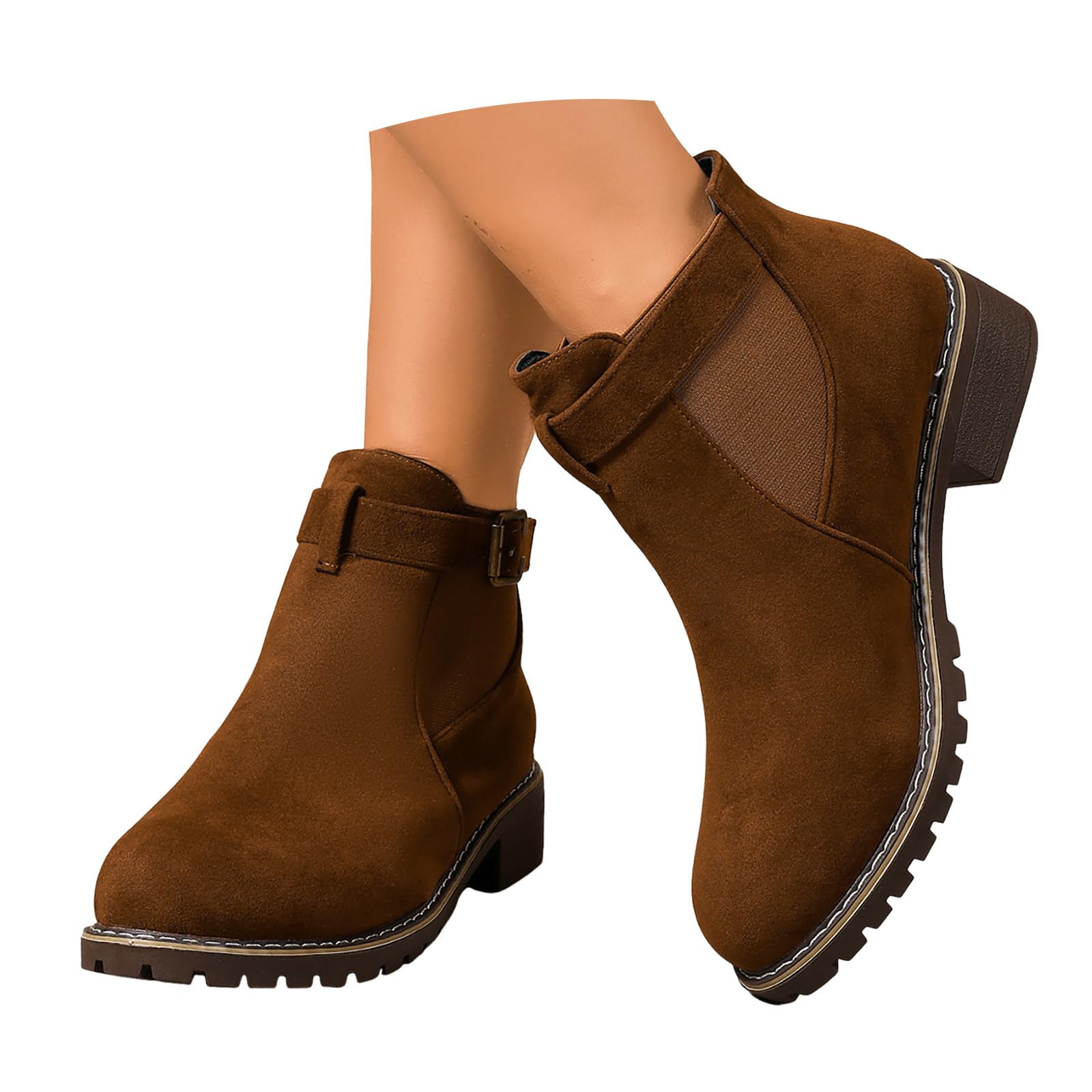 Women Suede Ankle Boots Platforms Buckle Straps Chunky Block Heels Round Toe Slip on Retro Solid Short Booties